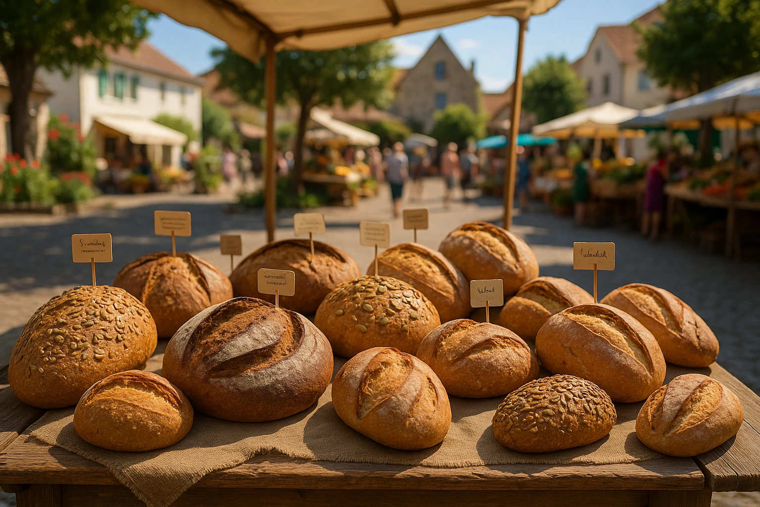 A farmer's market stall displaying a variety of homemade artisan breads, each uniquely shaped and adorned with small handwritten labels highlighting individual ingredients and benefits, set against a sunny, bustling village square.
