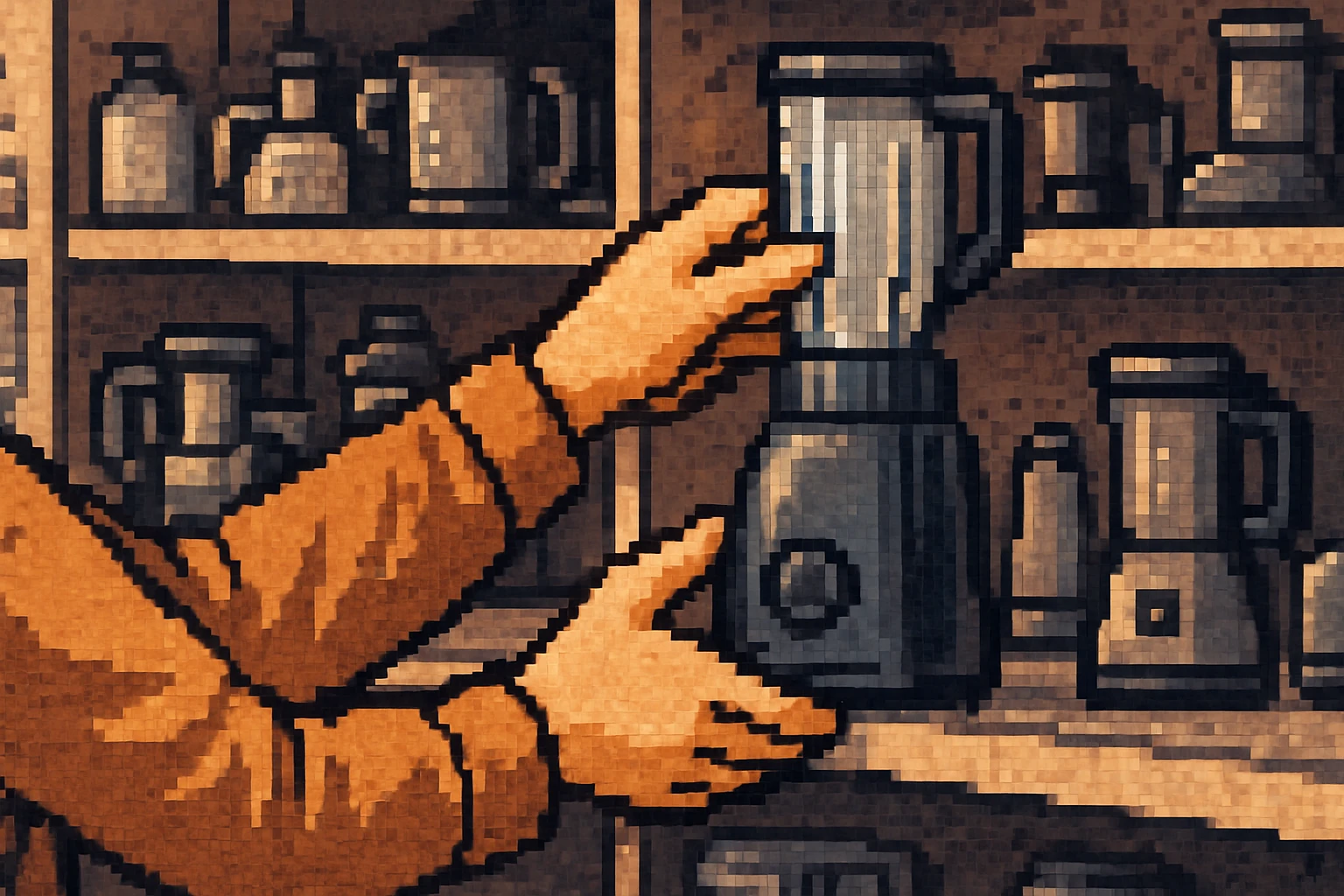 A close-up of a shopper's hands reaching for a sleek, modern blender on a store shelf, with shelves filled with various kitchen gadgets in the background, illustrating the decision-making process in choosing products for specific needs.
