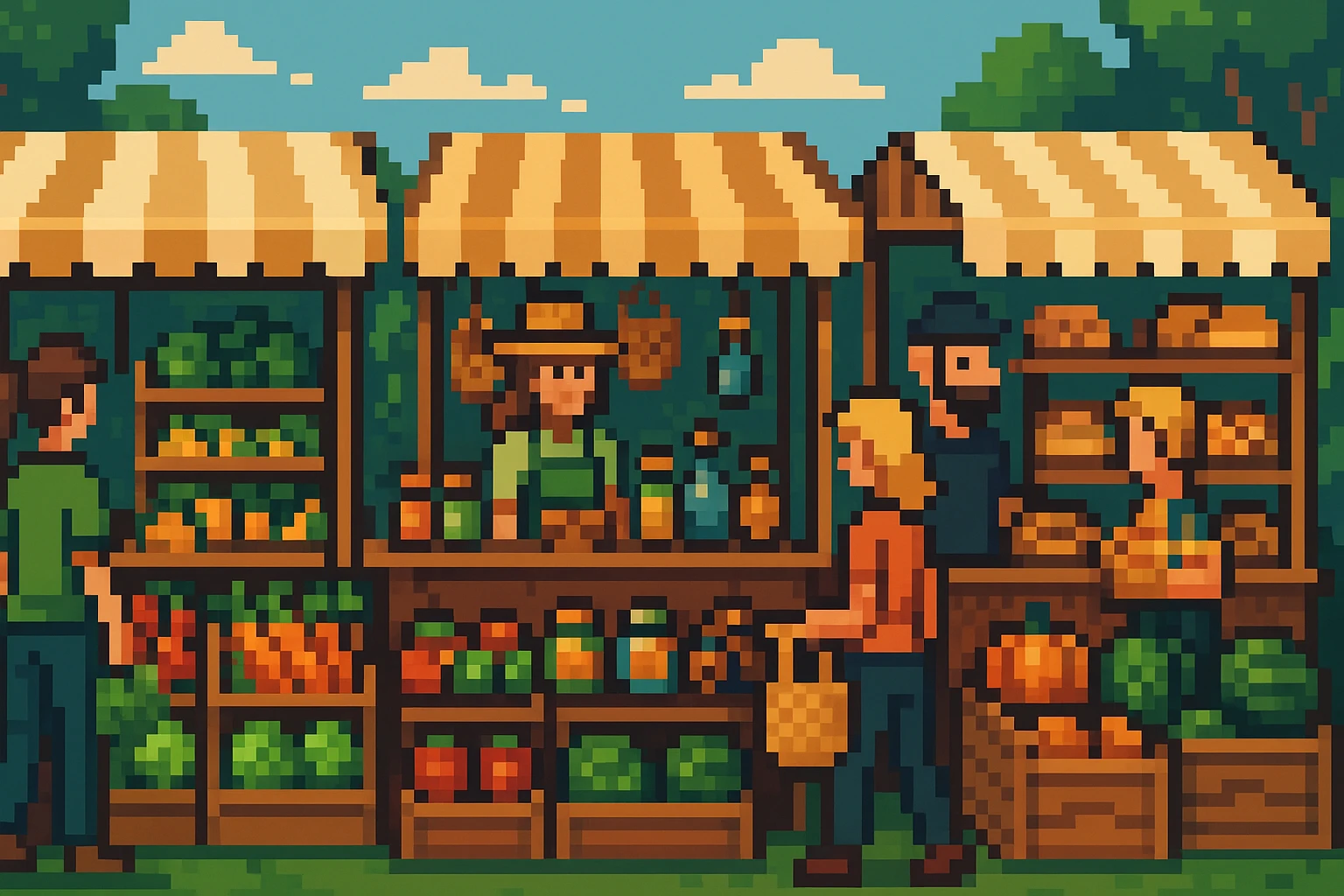 A bustling farmer's market scene with colorful fresh produce, handmade crafts, and variety of local products on display, showcasing the diverse choices available for customers selecting items that fulfill their unique daily needs.