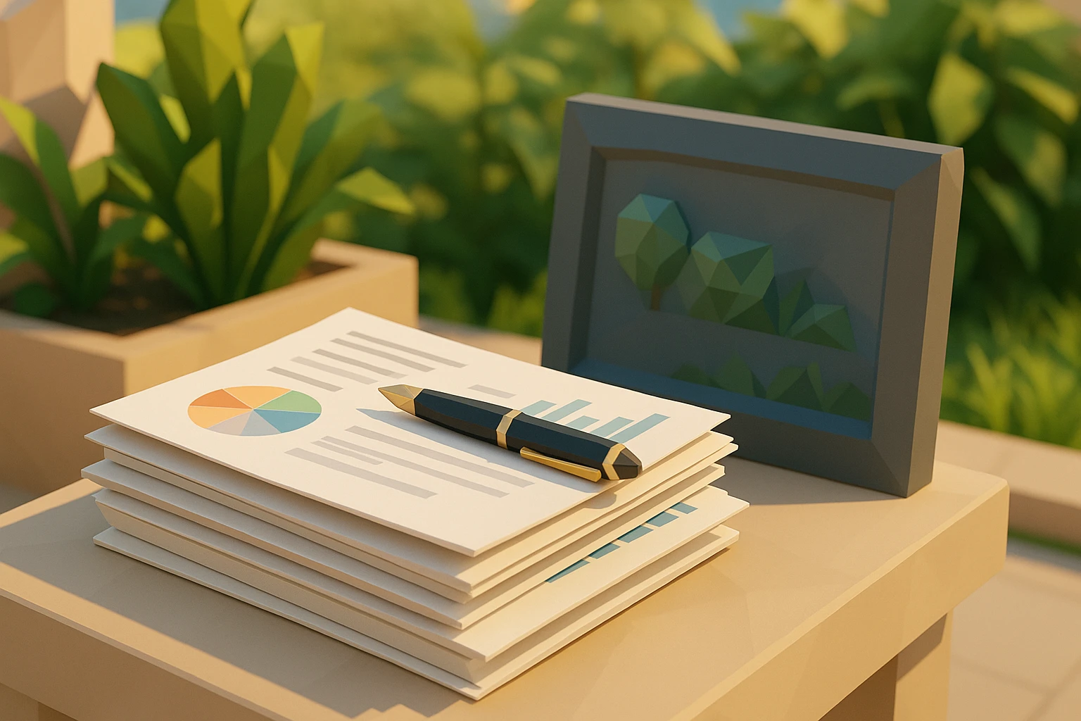 A stack of meticulously organized financial reports and documents, with a fountain pen resting on top, beside a sleek modern sign that reads 