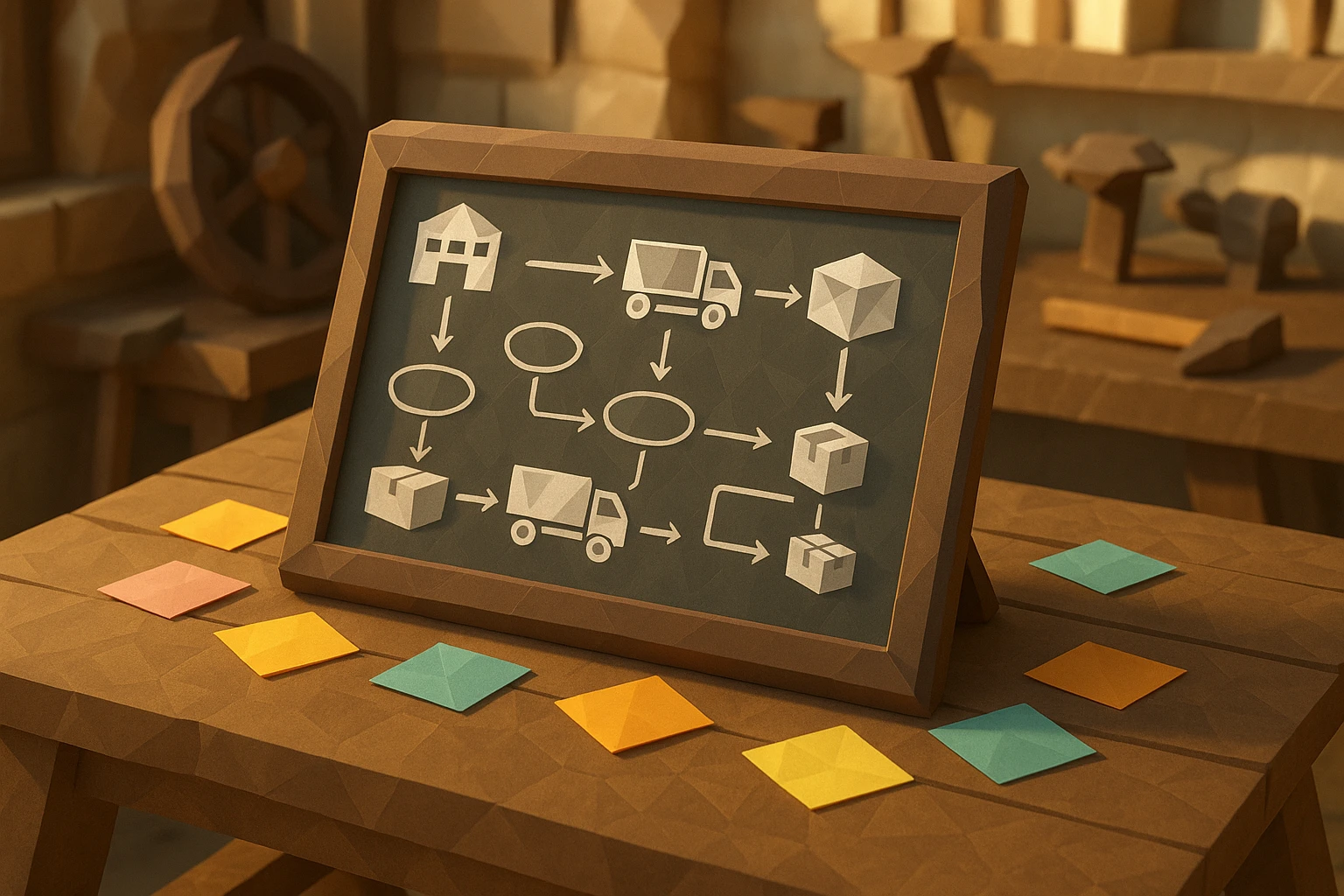 A chalkboard with diagrams and flowcharts illustrating an optimized supply chain process, surrounded by colorful sticky notes on a rustic wooden table, set in a sunlit workshop with industrial tools in the background.