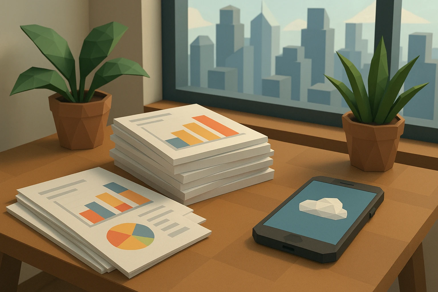 Stacks of financial reports and colorful graphs on a wooden table, with a smartphone displaying a SaaS company logo, surrounded by potted plants and a cityscape visible through a nearby window.