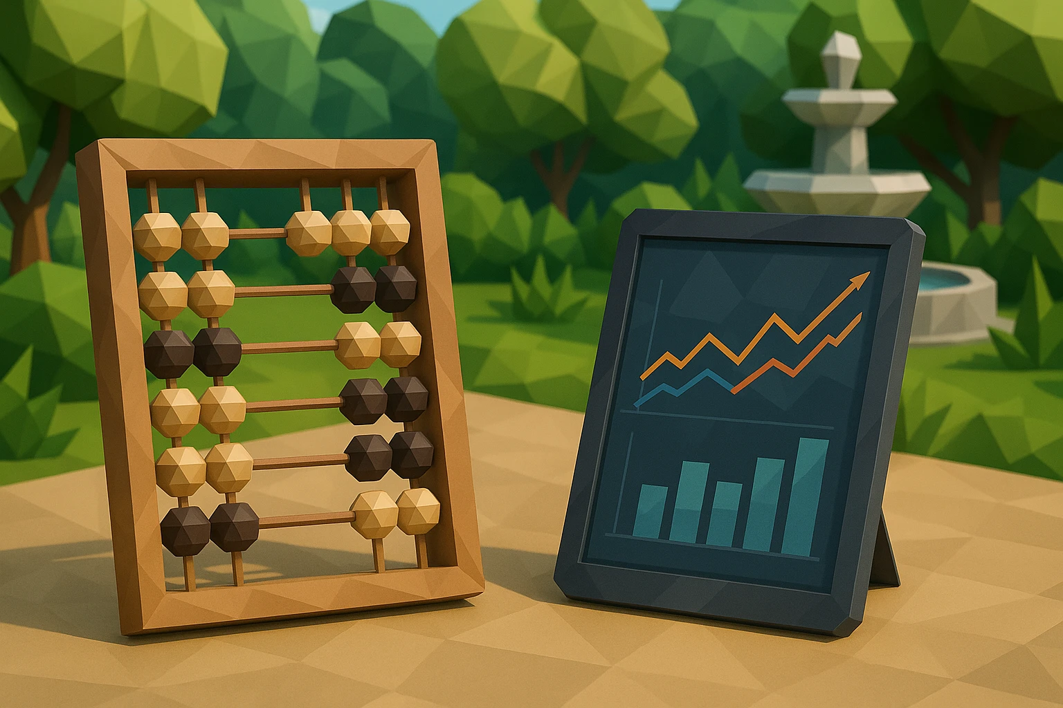 A close-up of a traditional abacus next to a sleek modern tablet displaying dynamic graphs, with a lush garden and fountain in the background, symbolizing the blend of classic and digital approaches in evaluating SaaS companies.