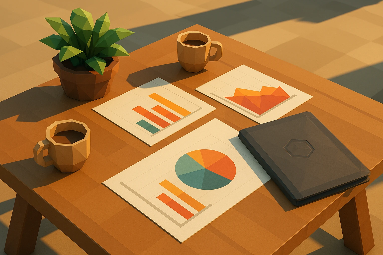 A neatly arranged table outdoors with various colorful graphs and charts on paper, coffee cups beside a potted plant, and the Hybris Corporate Finance logo subtly embossed on a portfolio in bright sunlight.