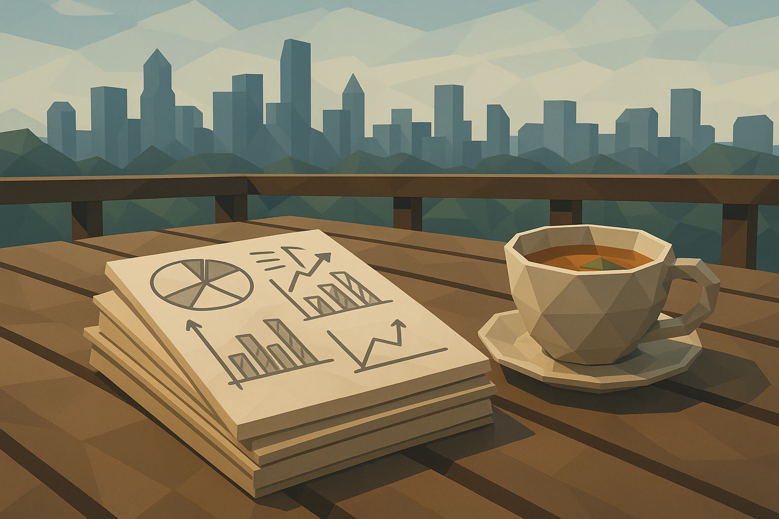 A stack of notebooks with hand-drawn market analysis diagrams and graphs, alongside a cup of herbal tea on a wooden patio table, with a distant city skyline in the background.