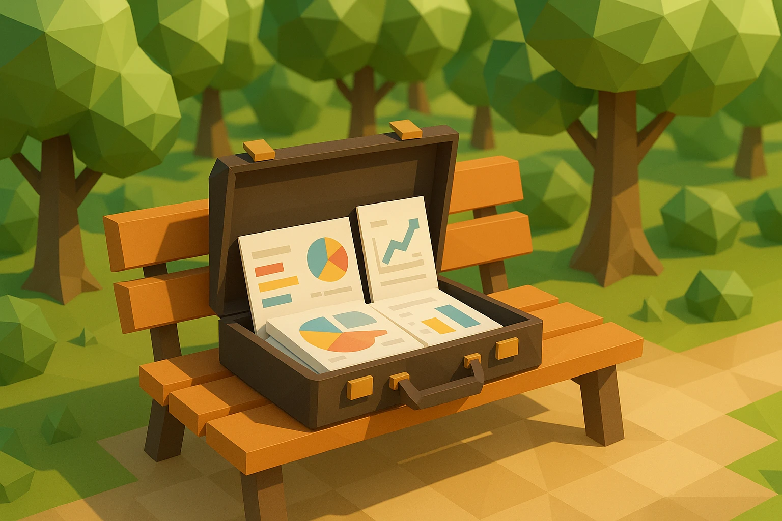 An open briefcase on a park bench filled with neatly organized documents and charts, surrounded by green trees and dappled sunlight, suggesting a creative and strategic planning session for a business plan.
