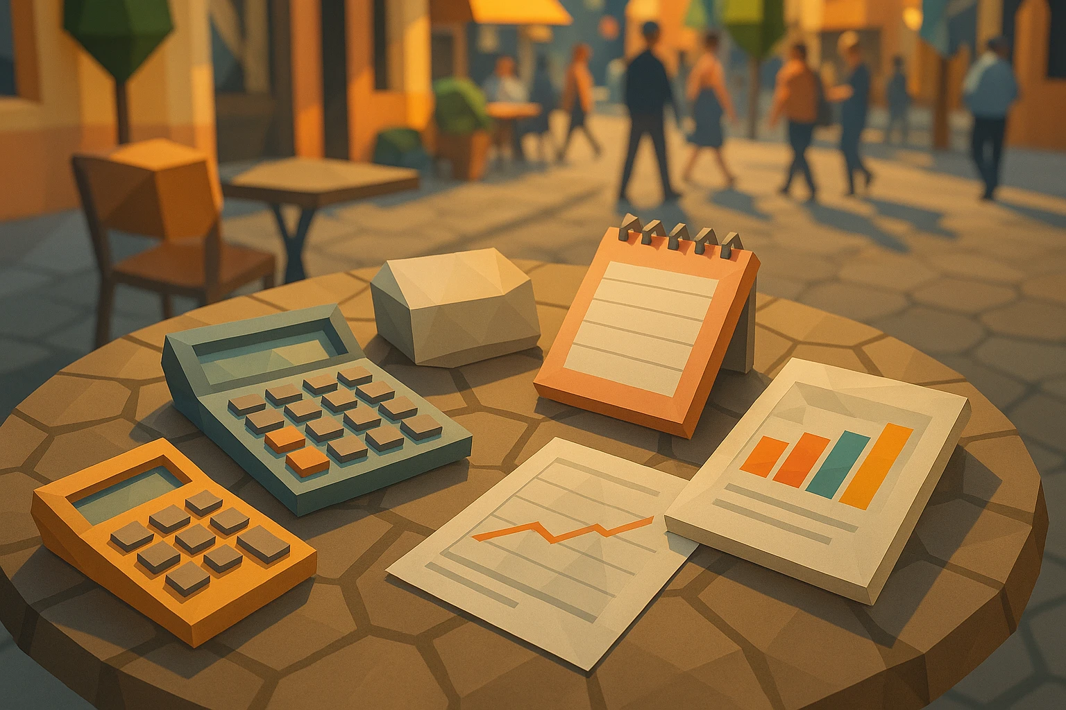 A cluster of diverse financial tools, including calculators, notepads, and graphs, laid out on a cobblestone café table, surrounded by vibrant city sounds and bustling passersby, symbolizing strategic thinking and collaborative planning in a dynamic environment.