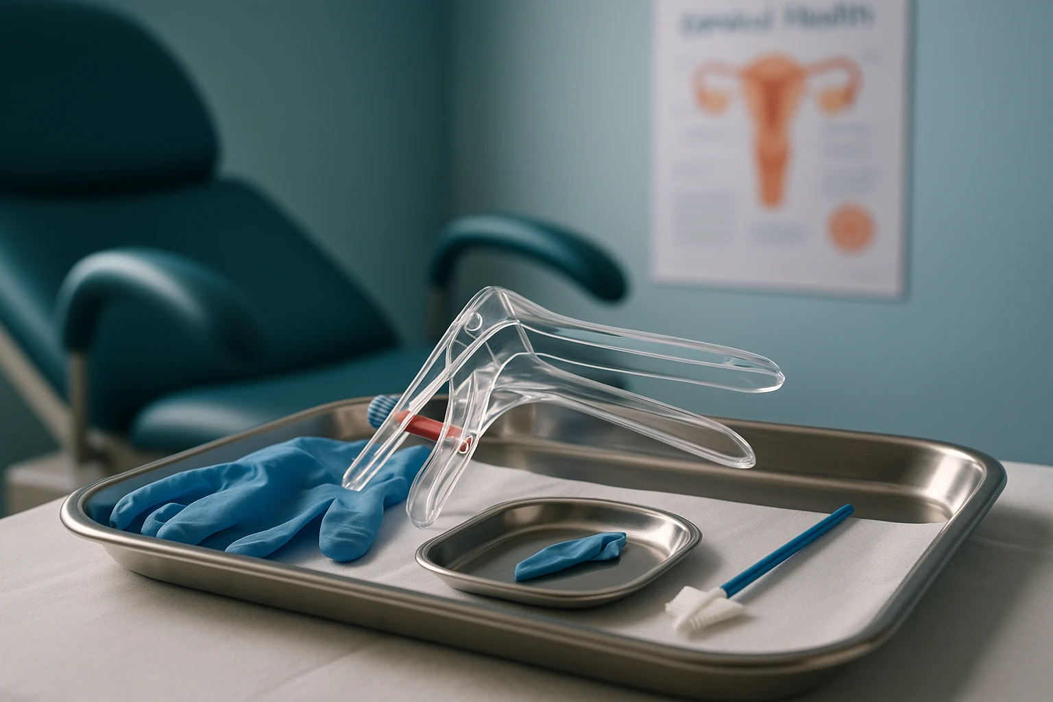 A close-up of a medical examination room with a focus on a sterile tray containing a speculum, gloves, and a cervical brush used for pap smears, set against a backdrop of soft blue walls and a poster highlighting cervical health awareness.