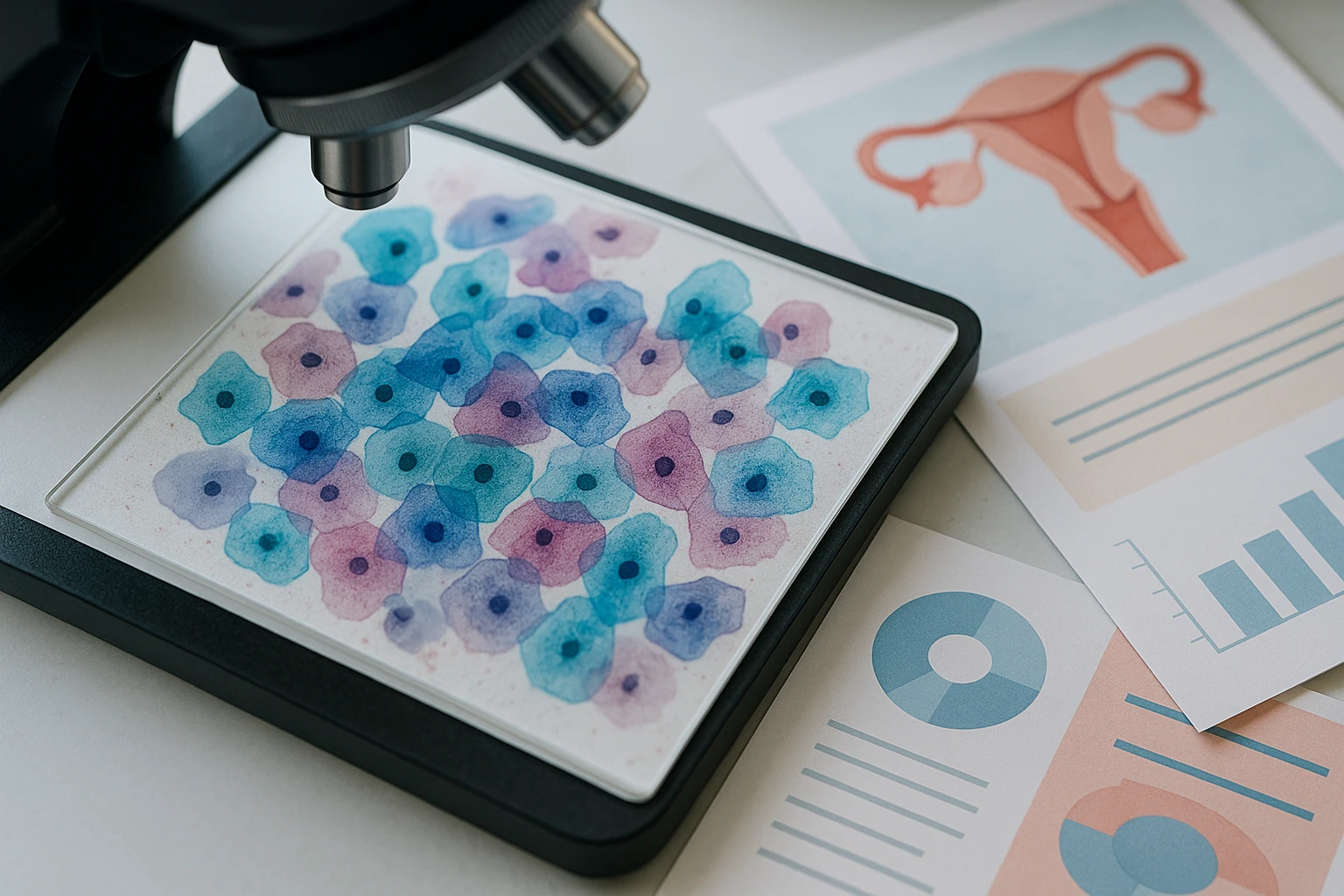 A detailed illustration of a cervical cytology slide under a microscope, showing cervical cells stained in contrasting colors to highlight cellular details, with scientific charts and cervical health educational pamphlets arranged on a nearby lab table.