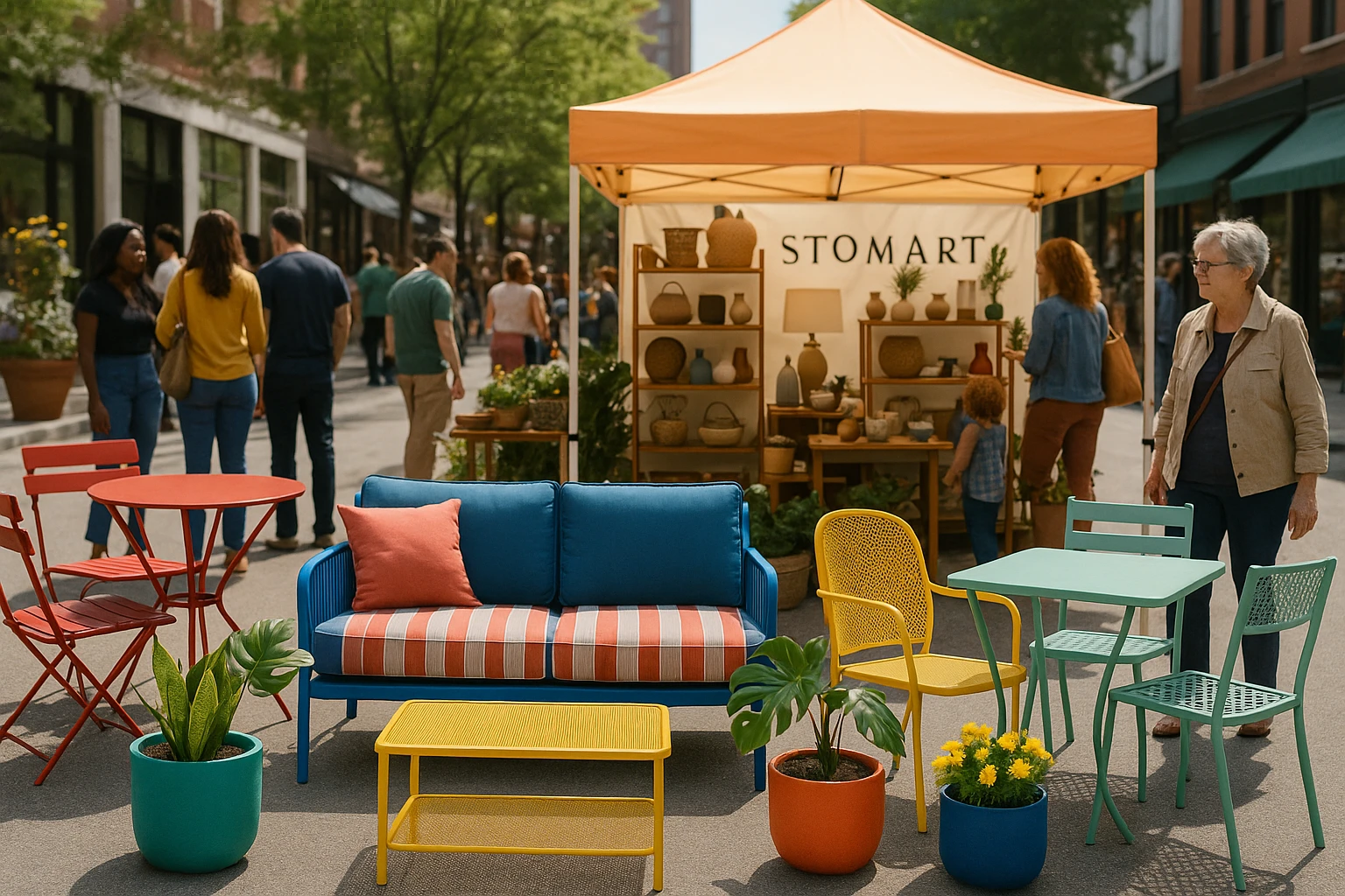 A vibrant outdoor market scene featuring stylish furniture displays from Wayfair, including colorful patio sets and planters, juxtaposed against a Stomart pop-up booth showcasing artisanal home décor items under a bright canopy, attracting curious shoppers browsing the selections.