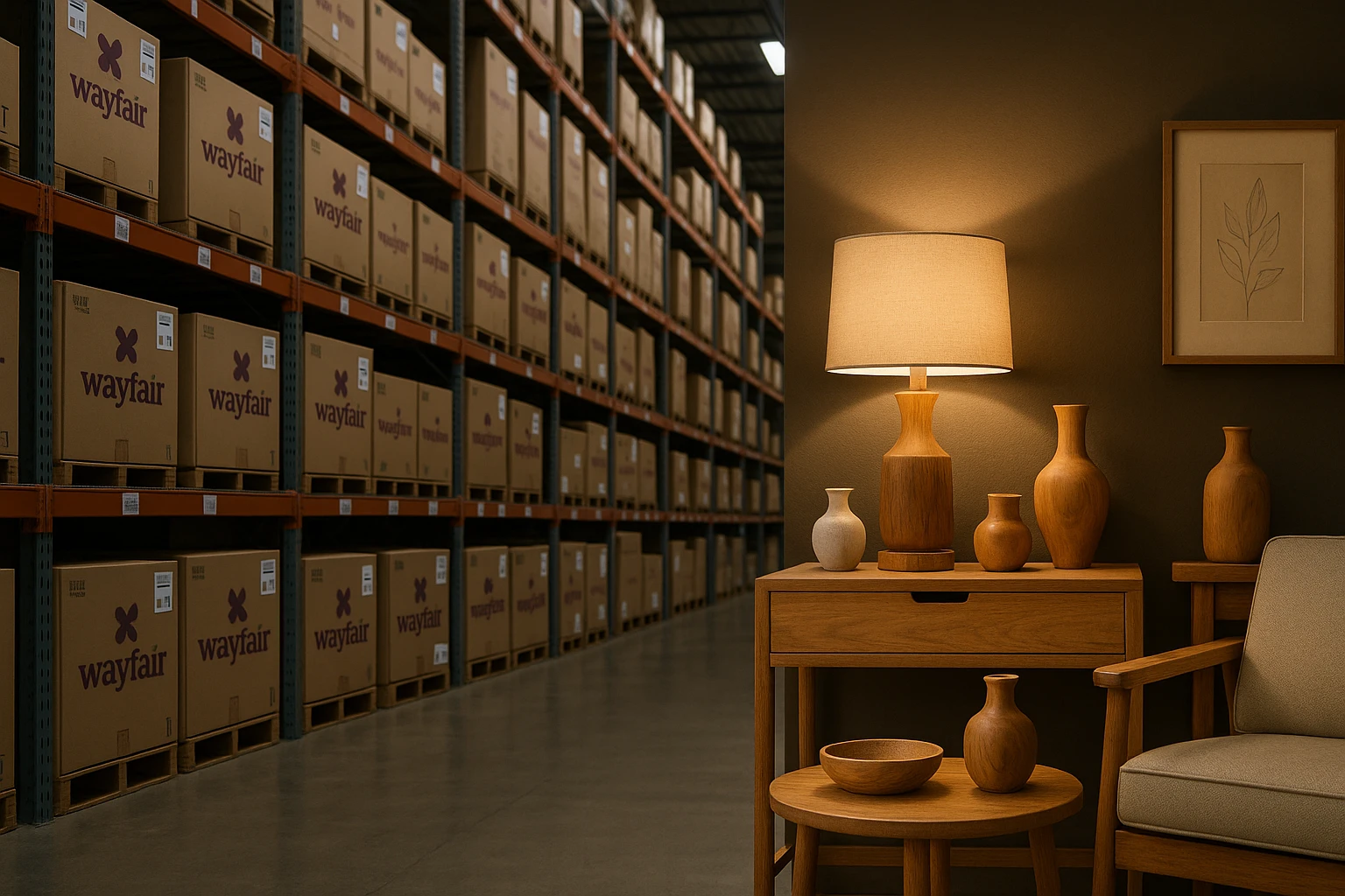 A warehouse interior filled with towering shelves of boxed furniture, each box labeled with Wayfair logos, contrasted by a neatly arranged display of bespoke, handcrafted wooden home décor items at a cozy Stomart showroom corner, illuminated by warm, ambient lighting.