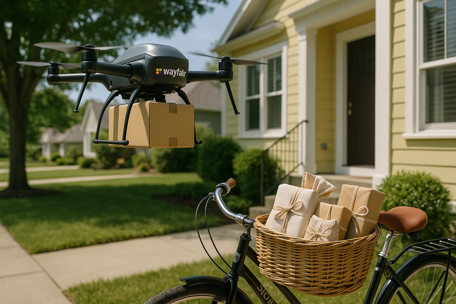 A sleek commercial drone branded with the Wayfair logo hovers above a scenic suburban neighborhood, delivering a package to a doorstep, while a nearby Stomart-branded bike with a wicker basket showcases elegantly wrapped artisanal home goods ready for delivery, highlighting different delivery methods.