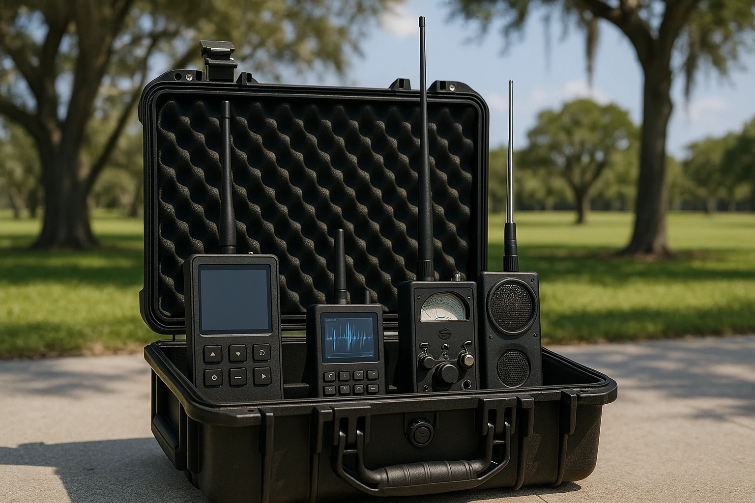 A close-up view of a professional equipment case in a serene Vero Beach park, with advanced TSCM tools like signal detectors and audio scanners neatly arranged, trees and a clear sky in the background.