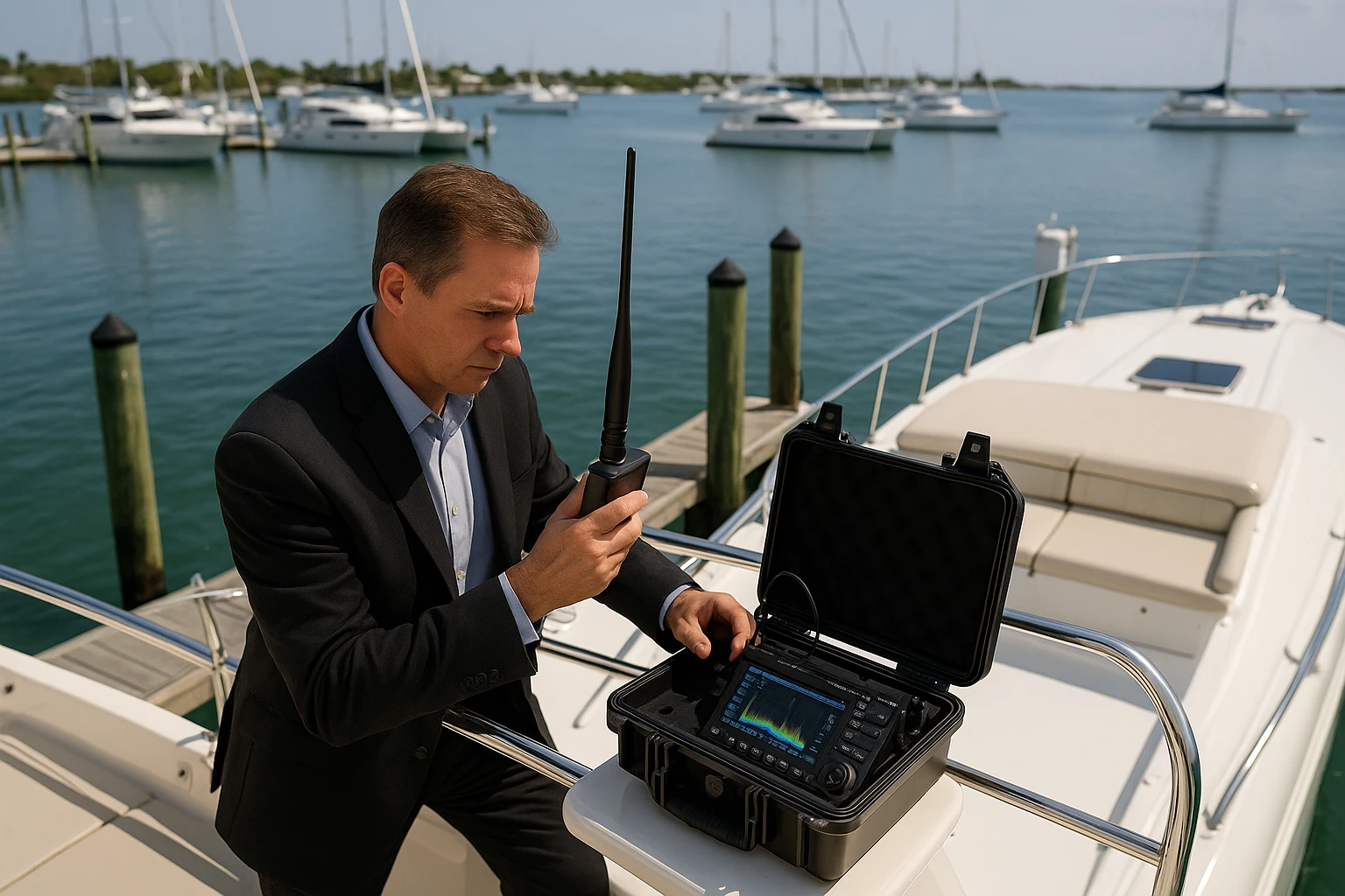 Aerial view of a TSCM professional conducting a bug sweep on a boat docked at Vero Beach marina, utilizing a handheld RF detector and scanning equipment, with the ocean and boats in the background.