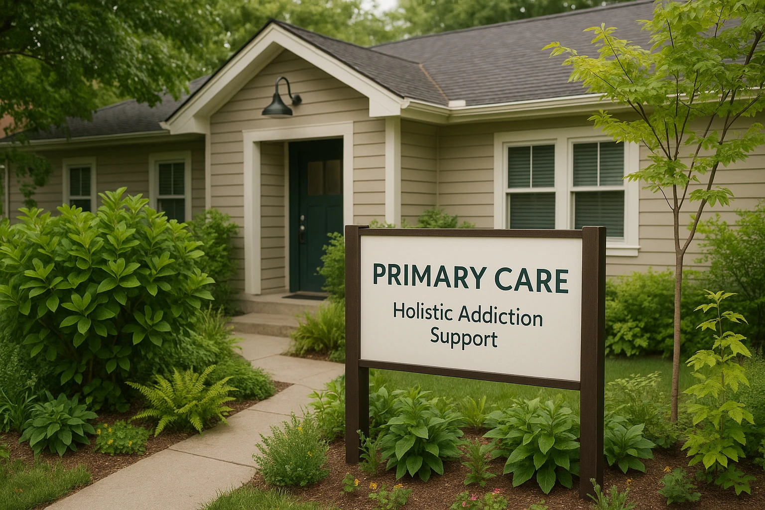 A small, welcoming clinic with a sign outside reading