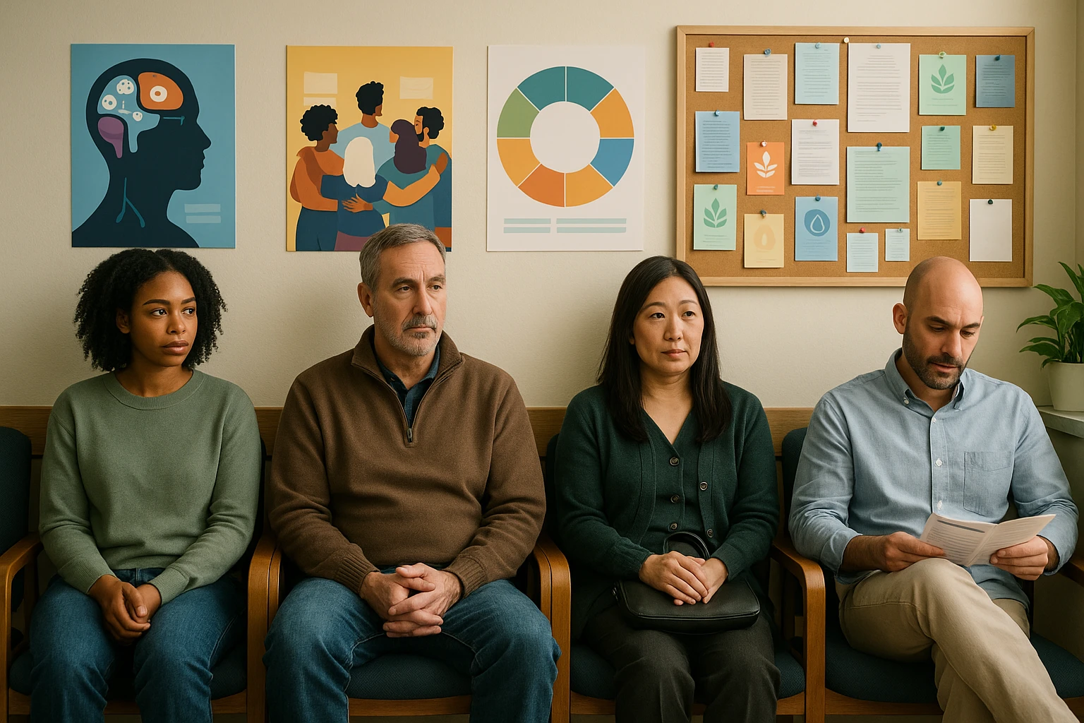 A diverse waiting room in a primary care clinic featuring colorful informational posters about integrated addiction recovery, with a community bulletin board displaying support group listings and various wellness leaflets.