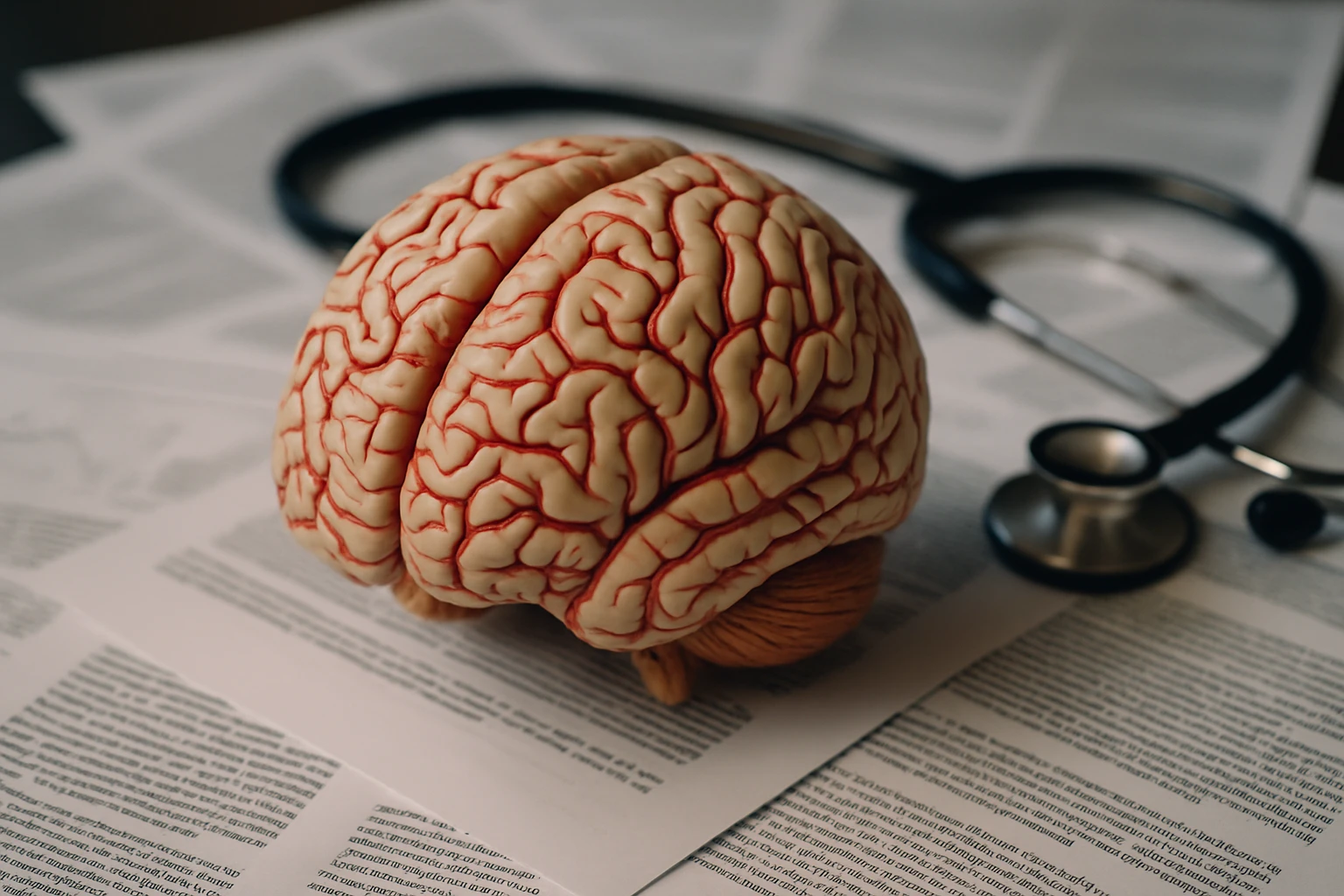 A close-up of a human brain model showing detailed neural pathways, surrounded by scattered medical research papers and a stethoscope, symbolizing the medical understanding of addiction.
