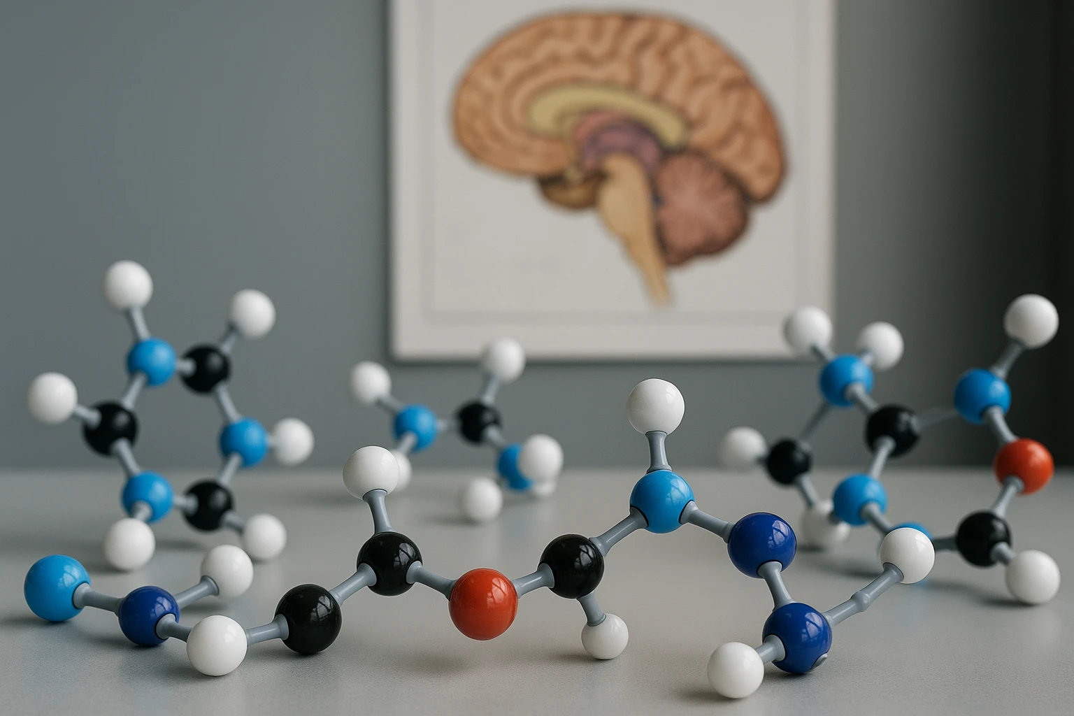A set of colorful neurotransmitter molecule models, such as dopamine and serotonin, scattered across a laboratory table, with a prominent anatomical brain chart on the wall behind, emphasizing the scientific exploration of addiction.
