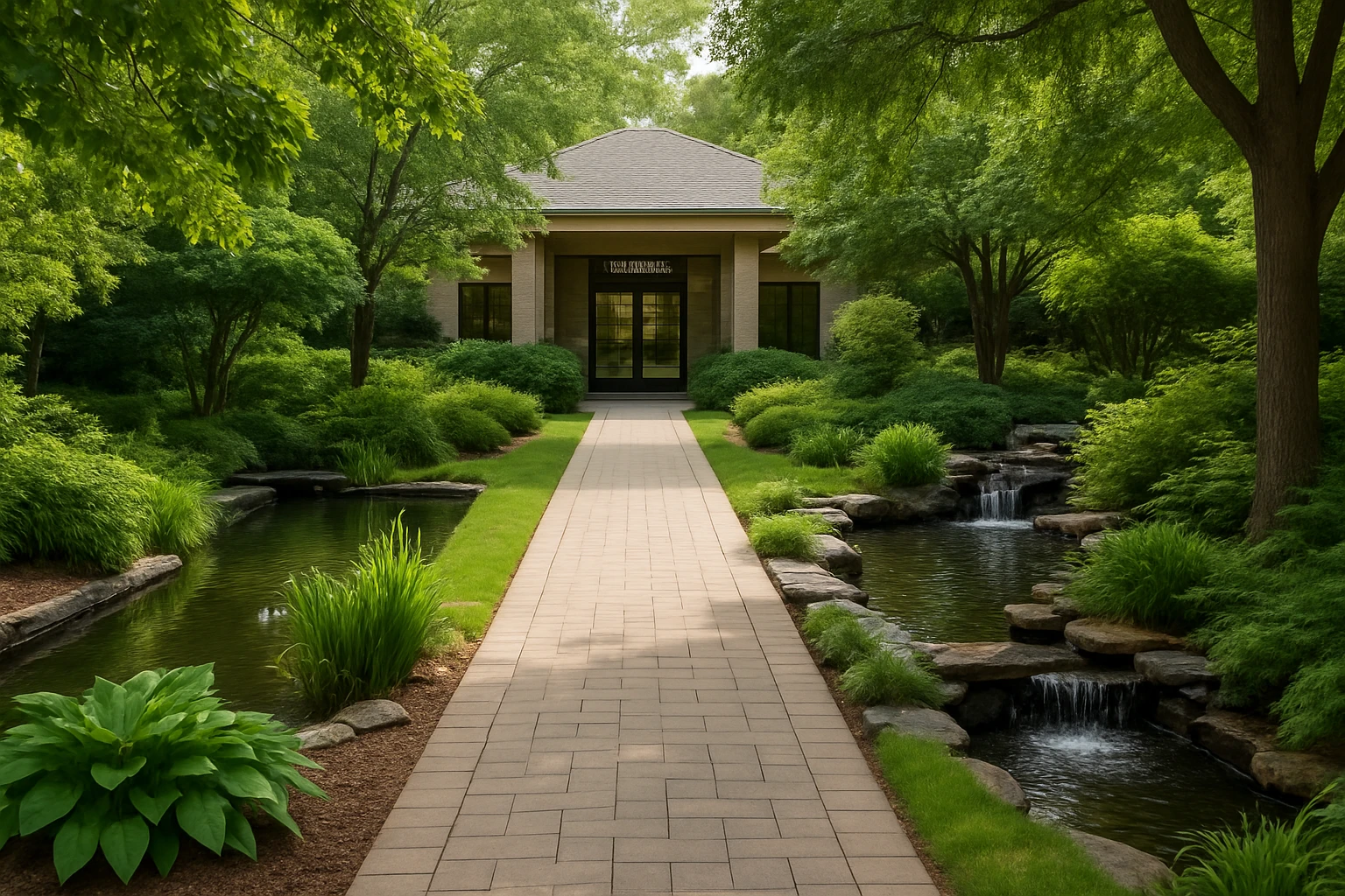 A serene outdoor garden with a well-kept pathway leading to the entrance of a rehabilitation center, surrounded by lush greenery and calming water features, symbolizing a journey towards recovery and new beginnings.