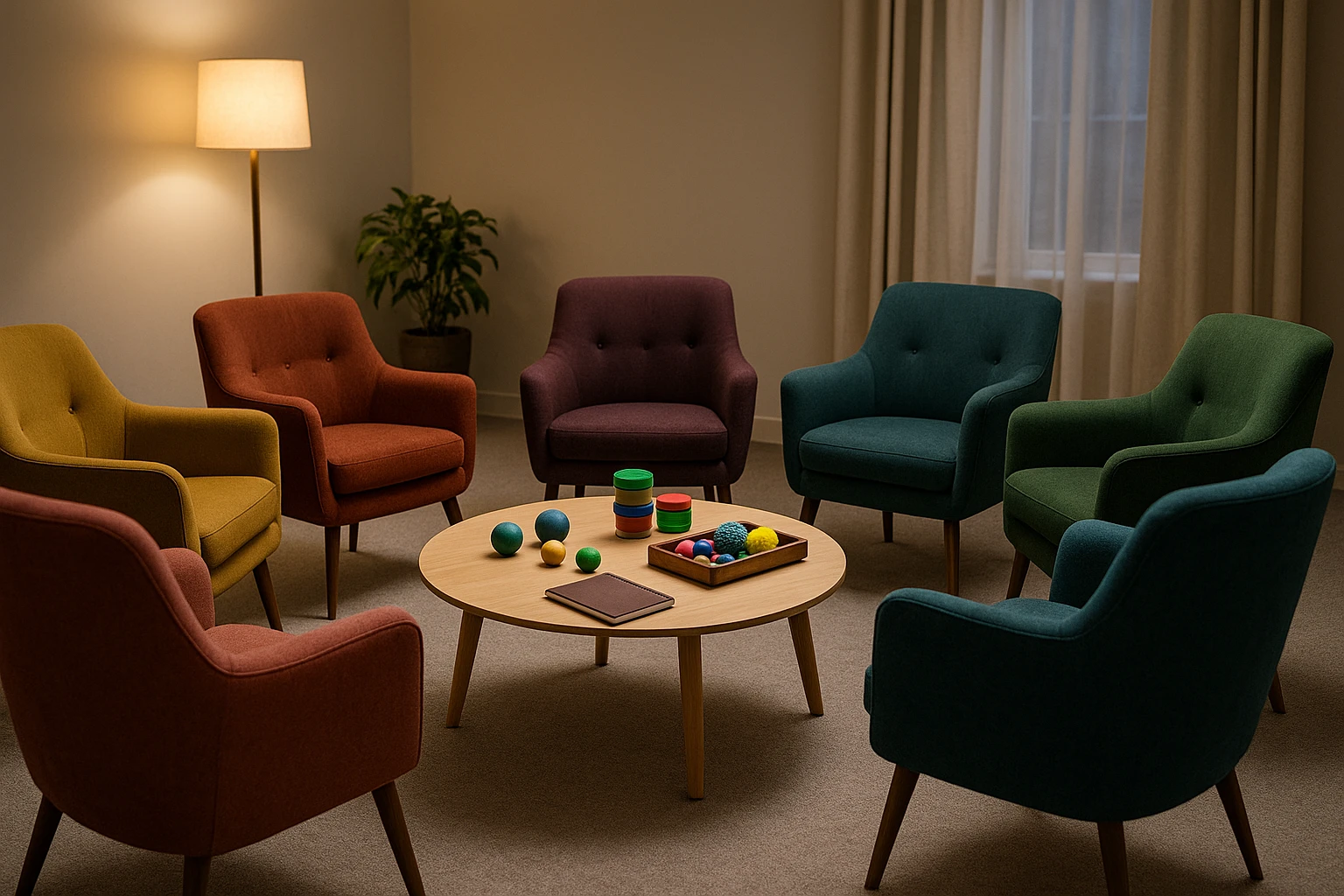 A cozy therapy room with soft lighting, featuring an inviting circle of colorful, plush chairs and a small table with a variety of therapeutic tools like stress balls, clay, and a mindfulness journal, symbolizing a supportive and personalized approach to addiction treatment.