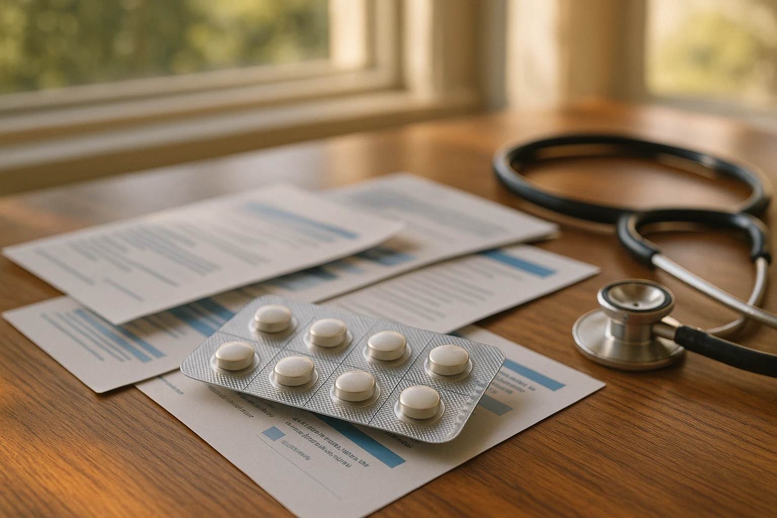 A blister pack of Buprenorphine (Suboxone) tablets resting on a wooden table, surrounded by informational pamphlets and a stethoscope, with a sunny window view in the background.