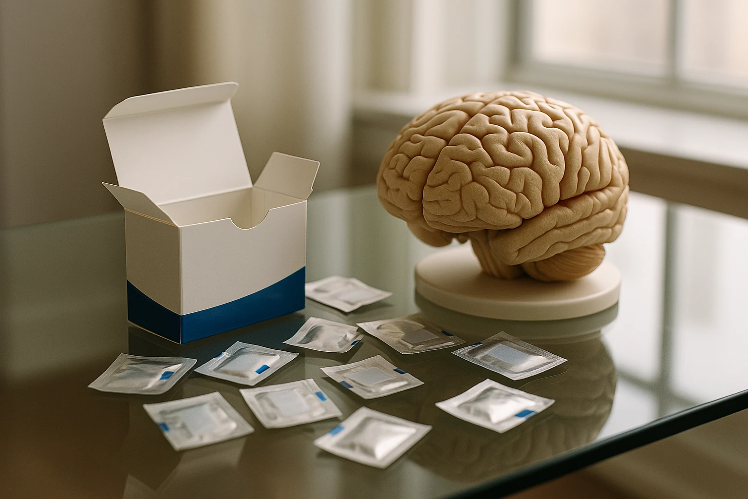 A clear glass table with an open box of Buprenorphine (Suboxone) film strips scattered next to a model of the human brain, illuminated by soft natural light coming through a nearby window.