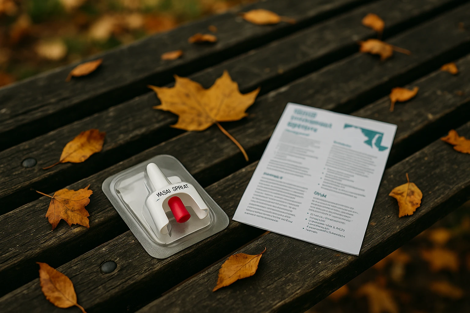 A naloxone nasal spray lying on a weathered wooden bench in a park, with a pamphlet detailing opioid treatment options in Maryland visible beside it, surrounded by autumn leaves.