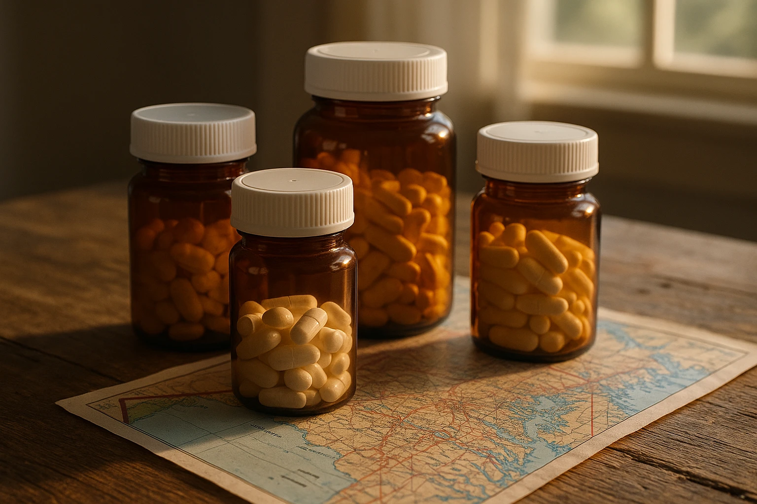 A close-up of several medication bottles labeled