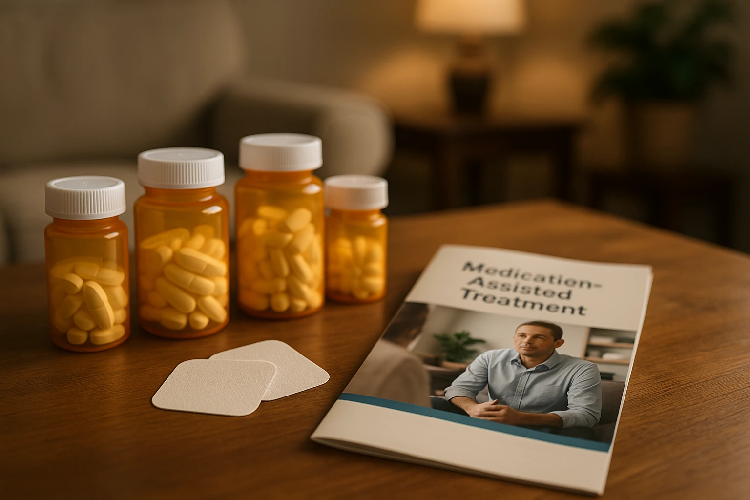 A display of prescription medication bottles and buprenorphine patches on a wooden table, with a brochure about Medication-Assisted Treatment alongside, set against a backdrop of a cozy home interior.