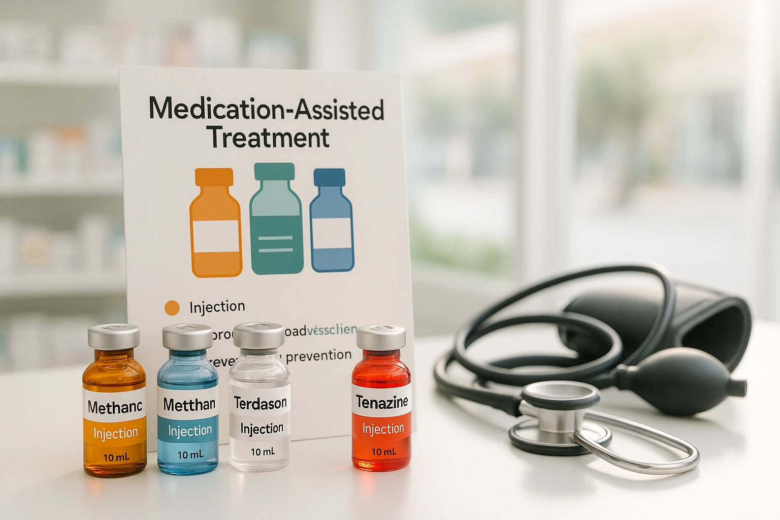 A collection of different colored medication vials and an informational poster about Medication-Assisted Treatment, set against the backdrop of a bright, sunlit pharmacy counter with a stethoscope and blood pressure monitor nearby.