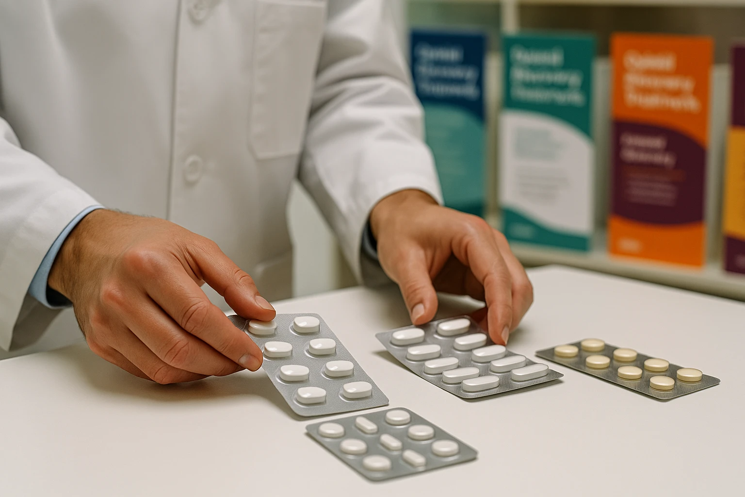 A close-up of a pharmacist's hands carefully organizing blister packs labeled 