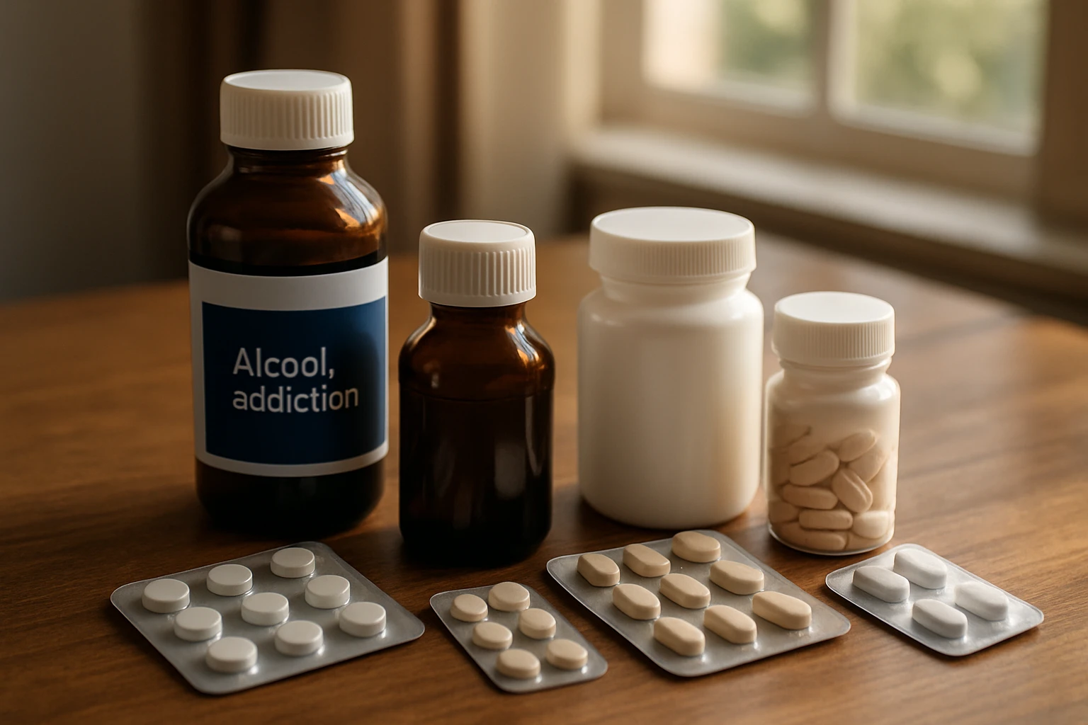 A collection of various medication bottles and blister packs labeled for treating alcohol addiction arranged neatly on a wooden table, with sunlight streaming through a nearby window, casting soft shadows.