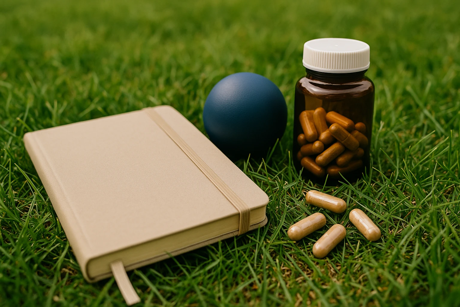 An array of therapeutic tools including a mindfulness journal, a stress ball, and a bottle of herbal supplements on a grassy field, symbolizing holistic approaches to complement medication for alcohol addiction treatment.