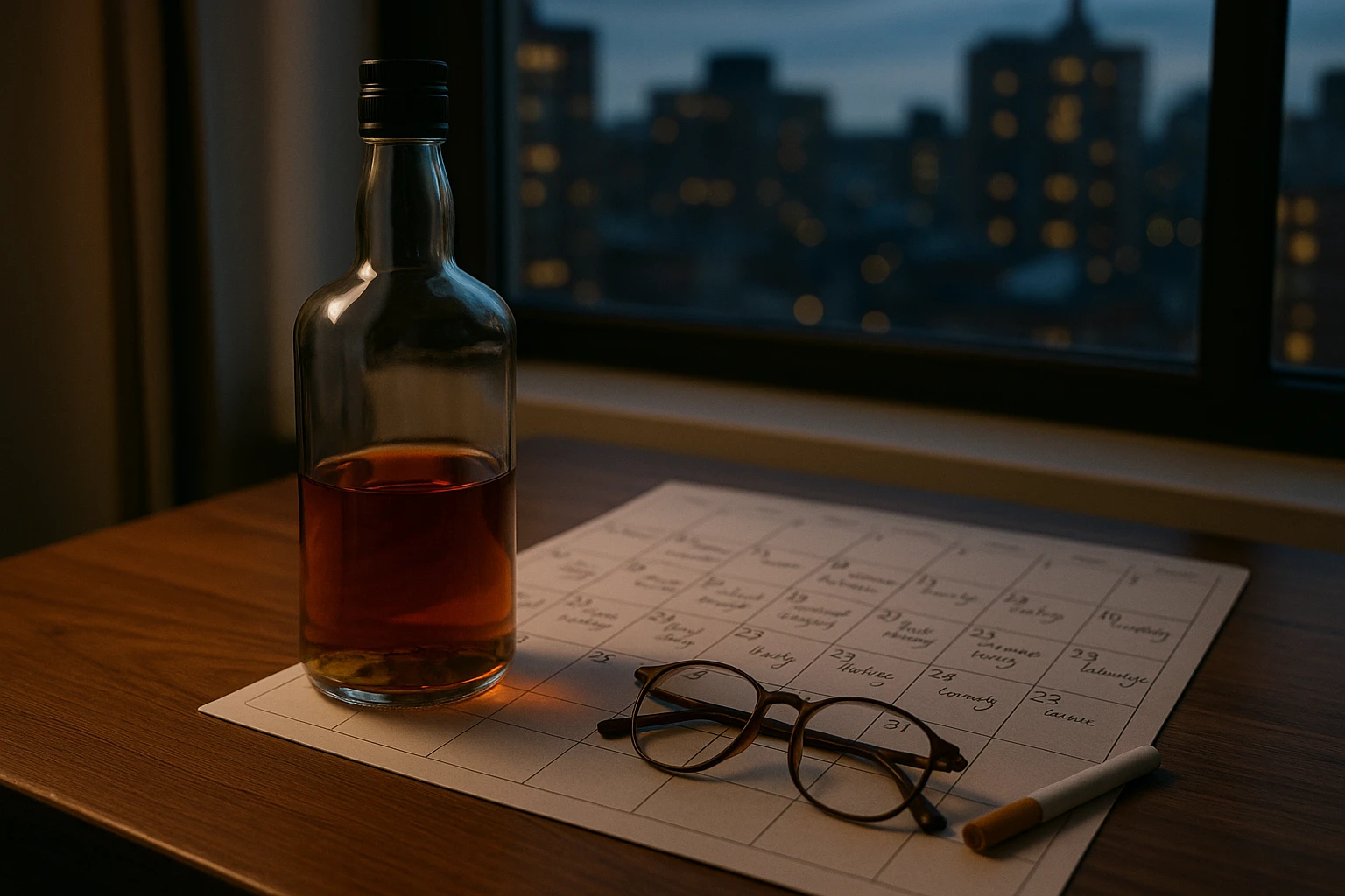 A half-empty whiskey bottle on a wooden table next to a calendar marked with numerous social events, a pair of reading glasses, and an unlit cigarette, set against an early evening cityscape visible through a window.