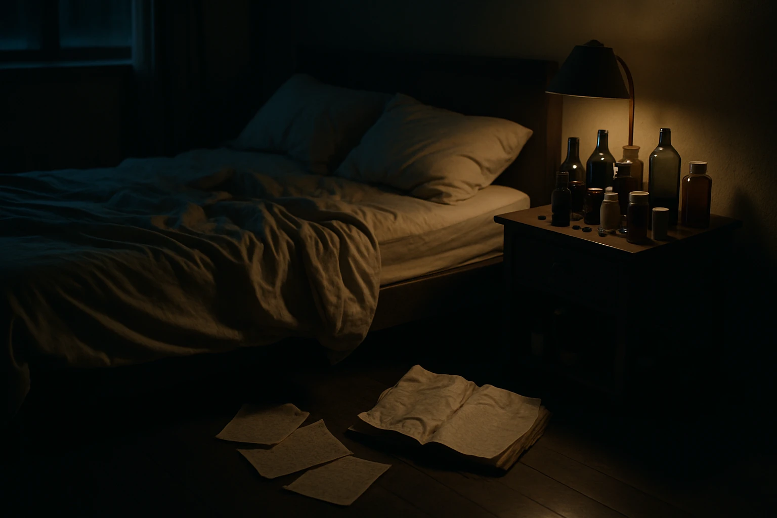 A dimly lit bedroom with an unmade bed, a bedside table cluttered with empty bottles and pill bottles, and a crumpled journal with handwritten entries scattered across the floor.