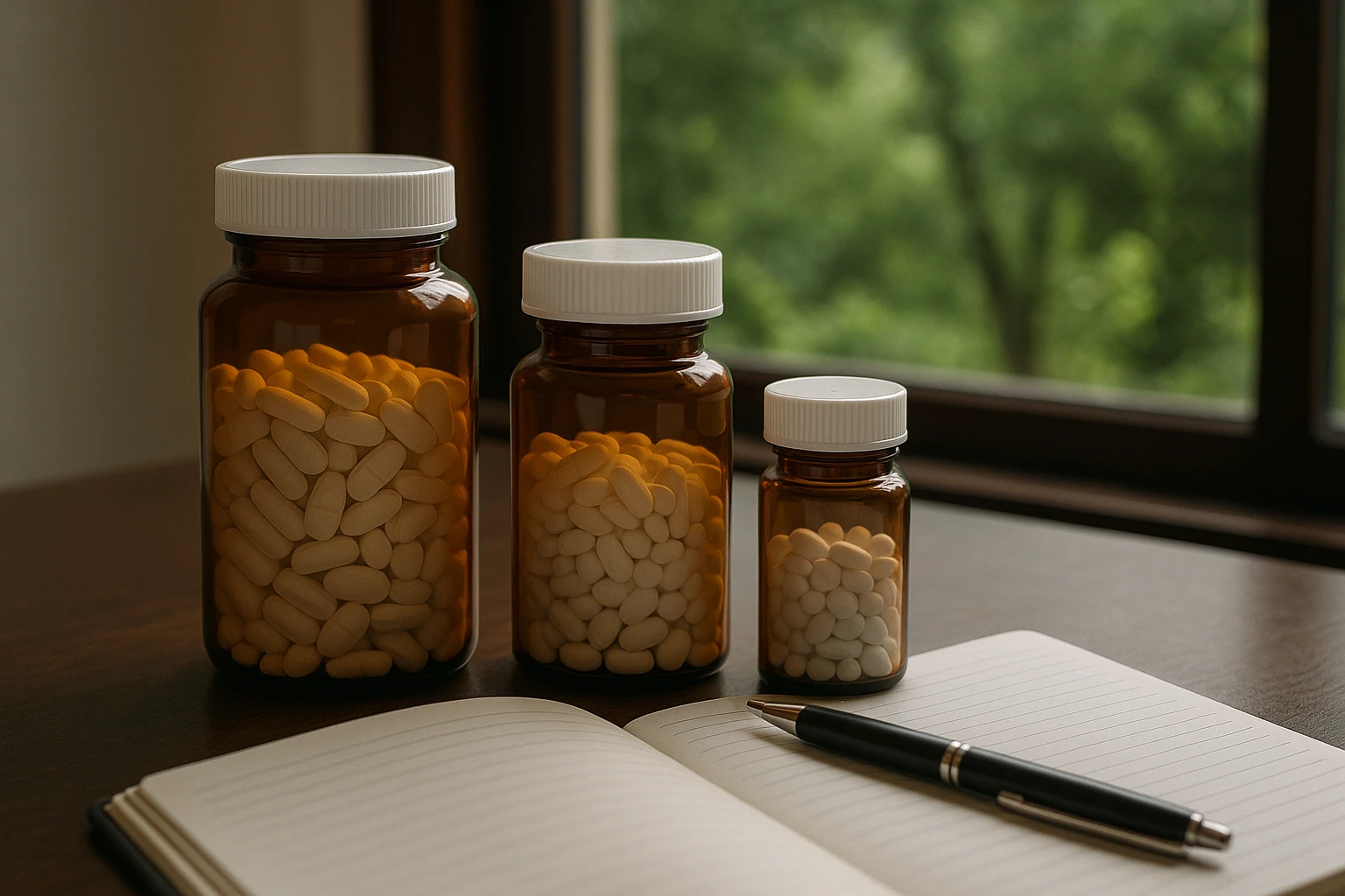 A variety of pill bottles labeled 
