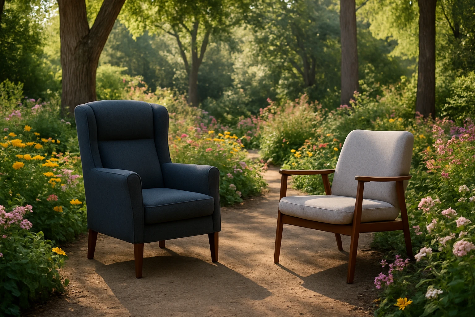 A serene outdoor setting with a therapist's chair and a patient's chair placed in a tranquil garden, surrounded by blooming flowers and tall trees, symbolizing a private and confidential space for addiction treatment discussions.
