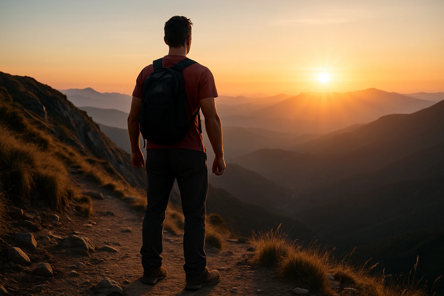 A person stands confidently on a mountain trail, looking ahead with determination, the sun rising in the background, symbolizing the journey from addiction to recovery.