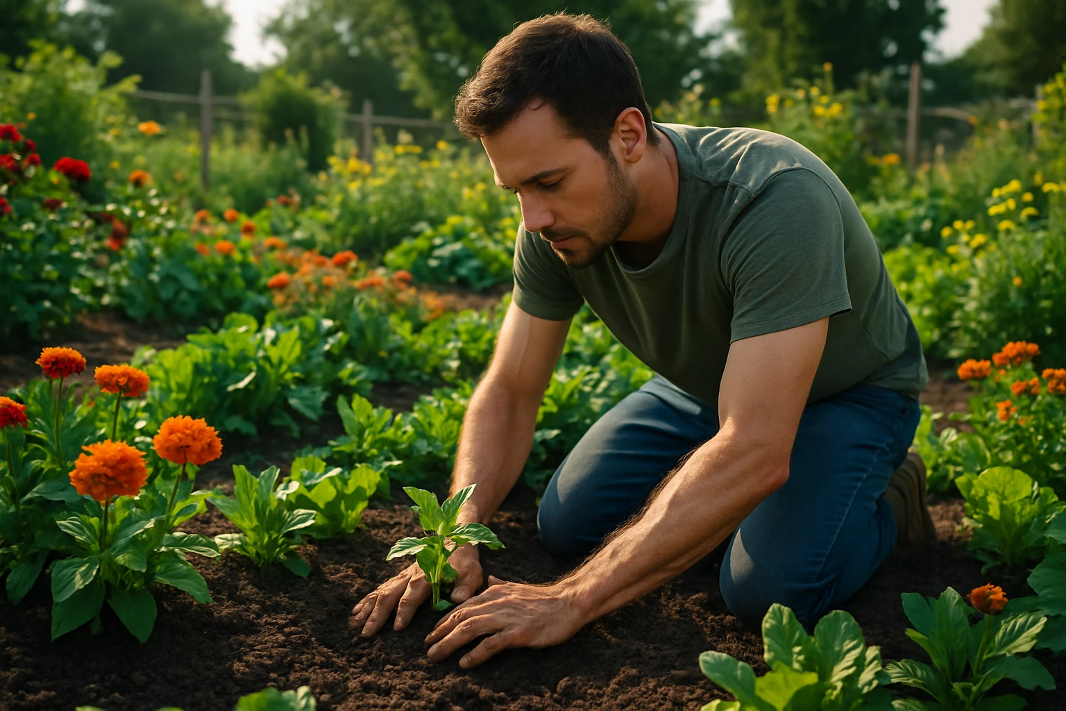 A person meticulously tending to a vibrant community garden, hands in the soil, surrounded by flourishing plants and flowers, symbolizing nurturing new beginnings and personal growth through treatment.