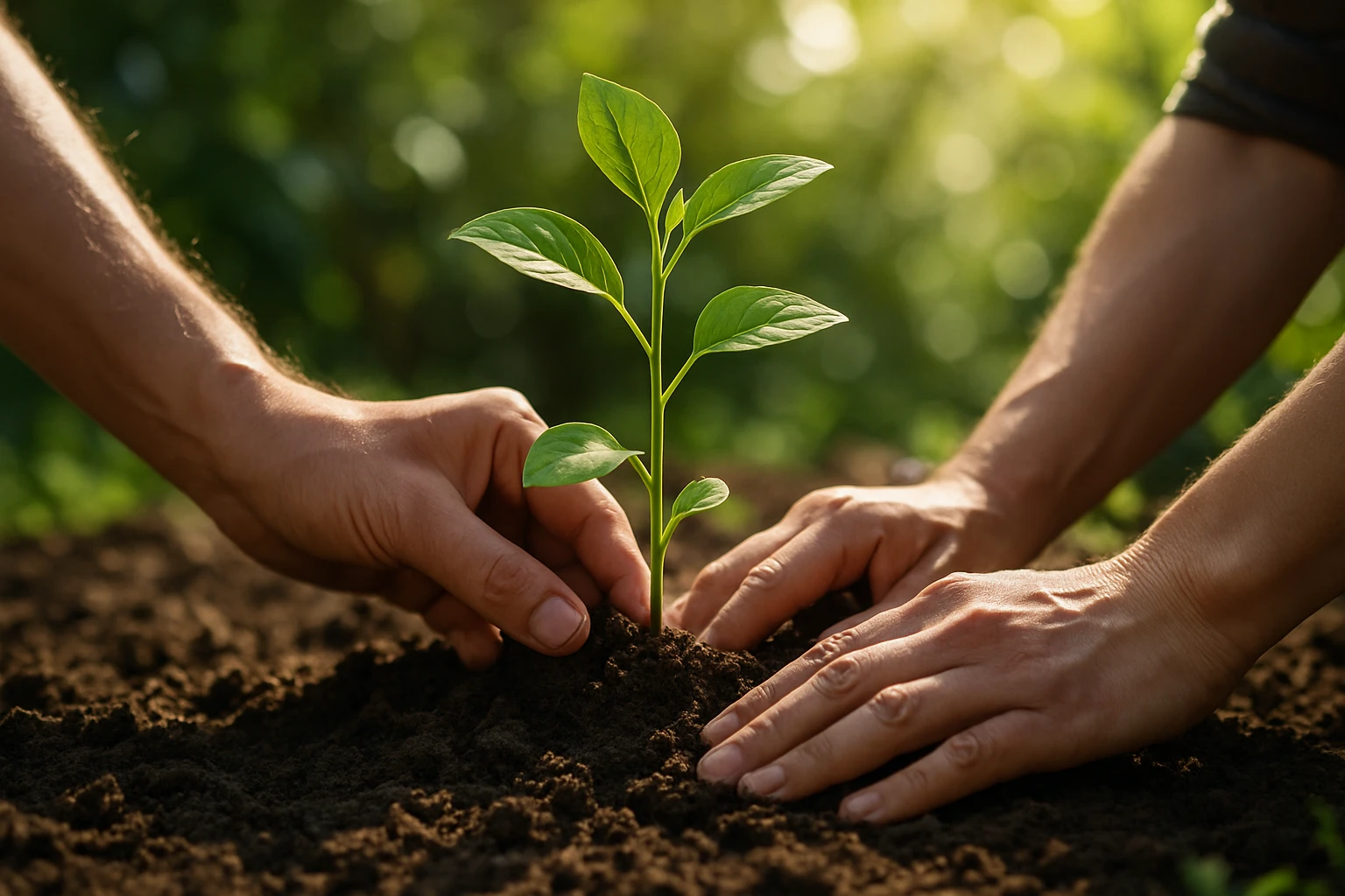 A close-up of two hands planting a young sapling in a garden, symbolizing growth and support, with sunlight filtering through green leaves in the background.