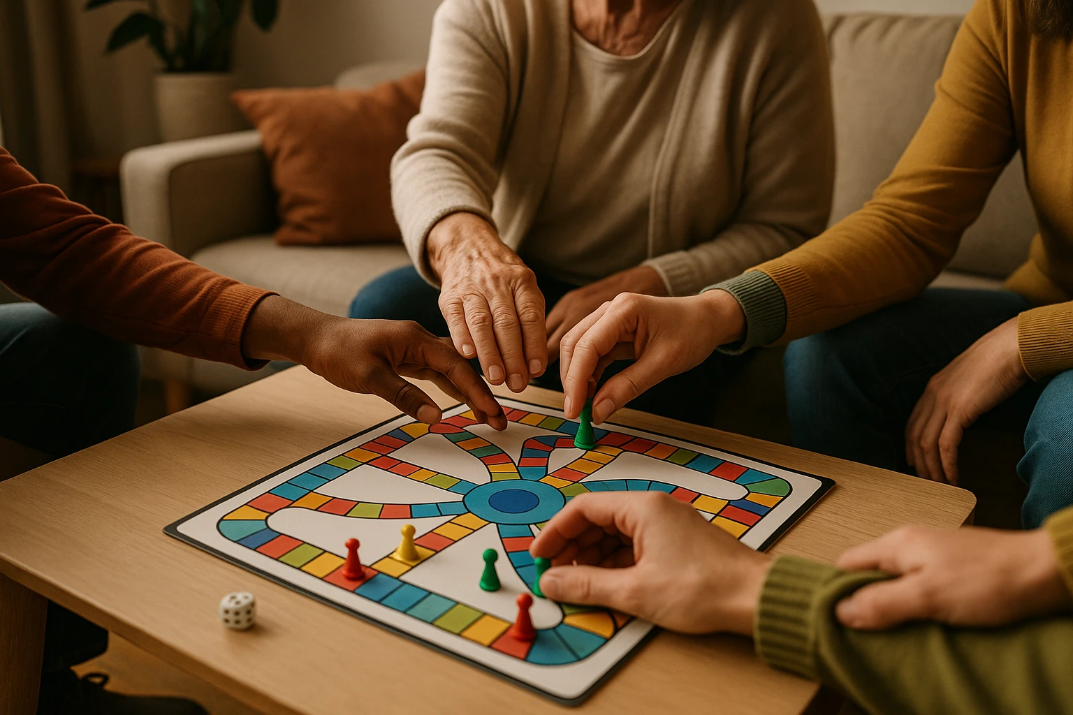 A cozy living room scene with a colorful board game on the coffee table surrounded by family members' hands reaching in to move pieces, symbolizing teamwork and support in recovery.