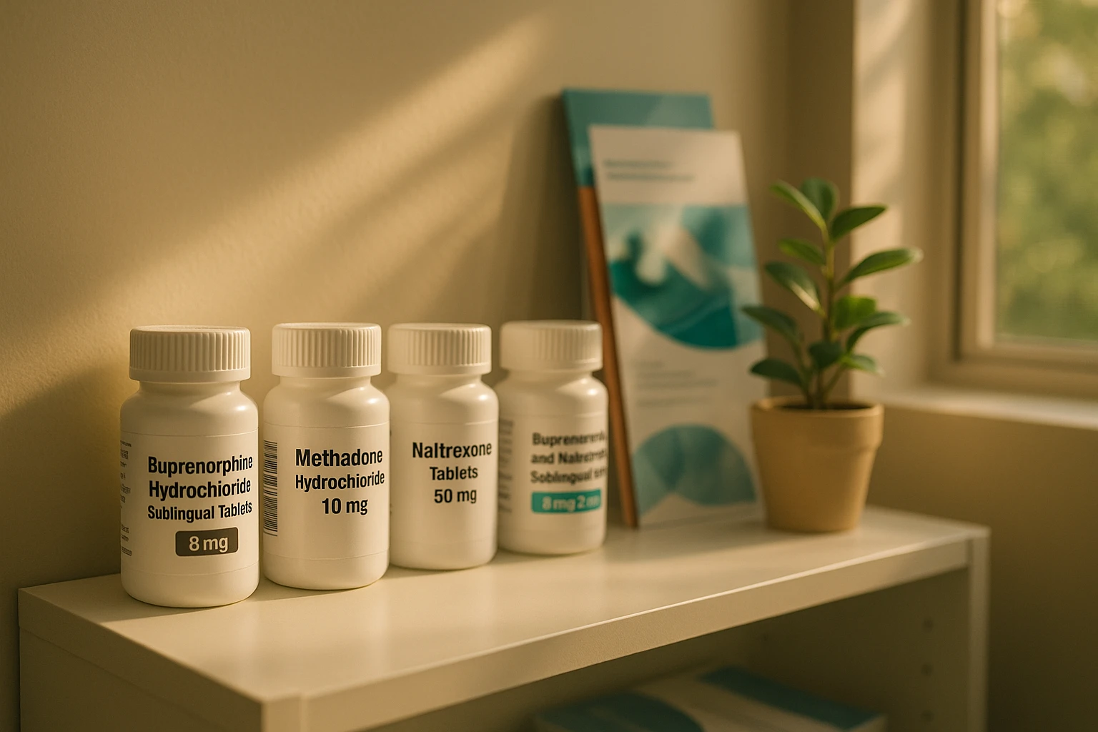 A close-up of a medical consultation room in Glen Burnie, Maryland, featuring a shelf with clearly labeled, FDA-approved medication bottles for MAT, alongside educational pamphlets and a small potted plant, softly lit by afternoon sunlight through a window.