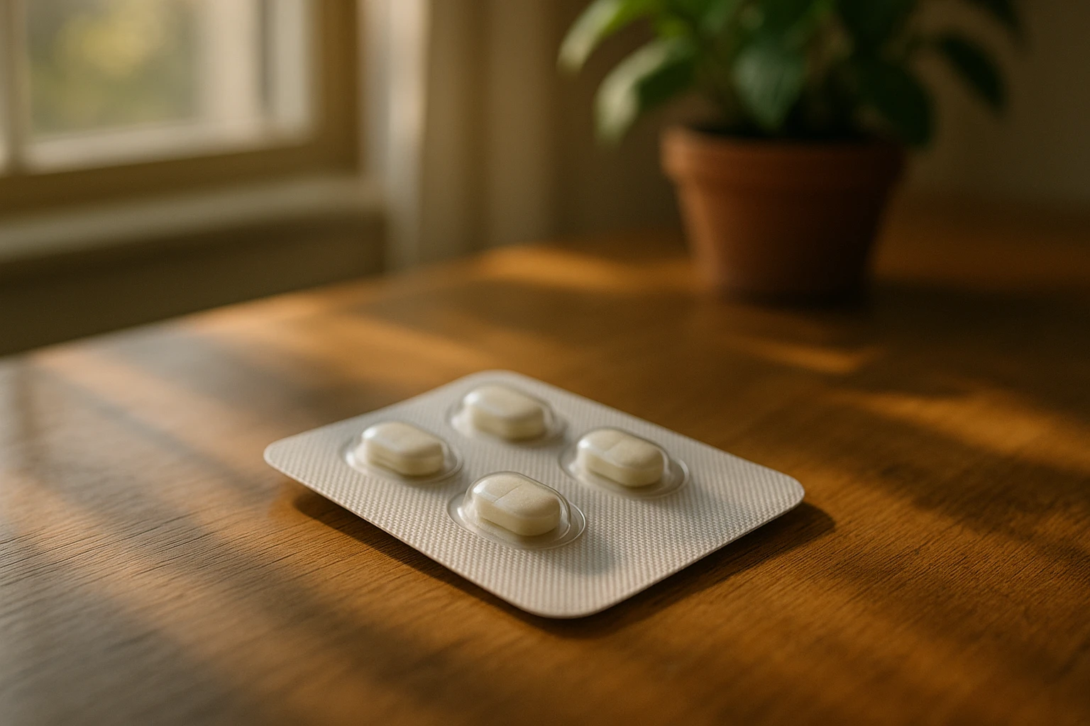 A close-up of a Suboxone medication package placed on a wooden table, surrounded by natural sunlight streaming through a nearby window, with a potted plant in the background for a touch of tranquility.