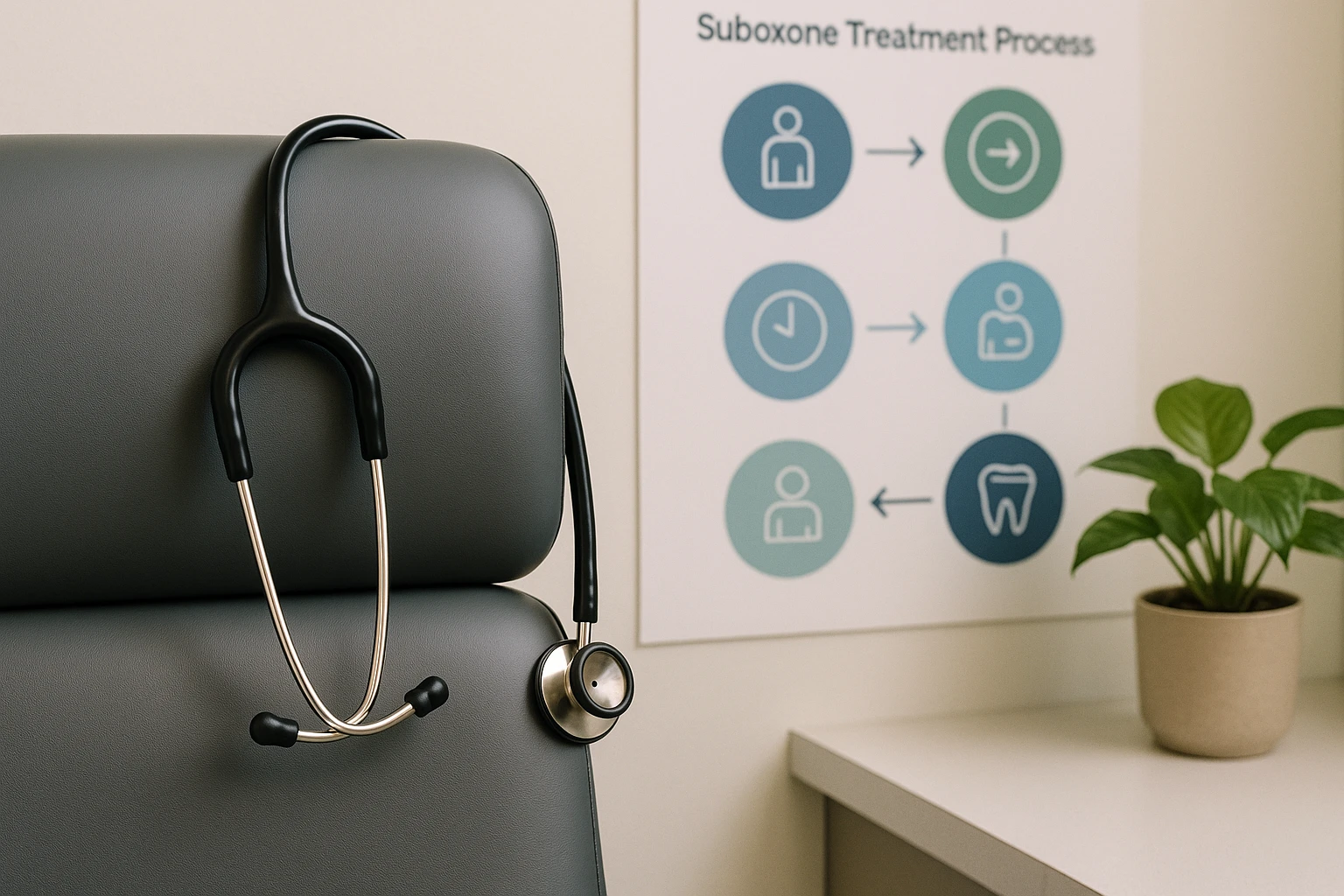 A doctor's stethoscope hanging from an examination room chair, next to a wall-mounted infographic detailing steps of the Suboxone treatment process, with a soft green plant on a nearby counter adding a touch of calm to the clinical setting.