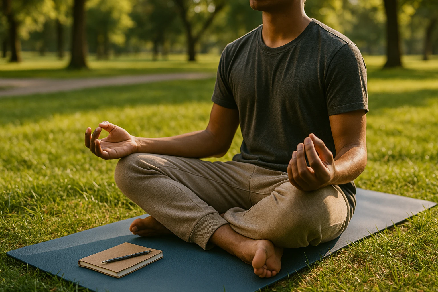 A peaceful park setting where a person is engaging in a guided meditation session, with a yoga mat on the grass and a small journal and pen nearby, symbolizing balance and reflection during addiction treatment.
