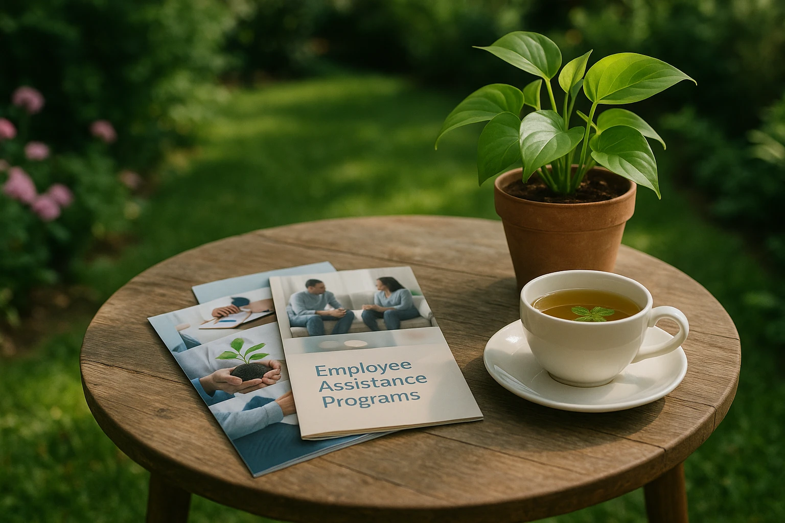 A serene garden scene with a small wooden table displaying pamphlets about Employee Assistance Programs (EAP), a cup of herbal tea, and a potted plant, representing support and growth during addiction treatment.