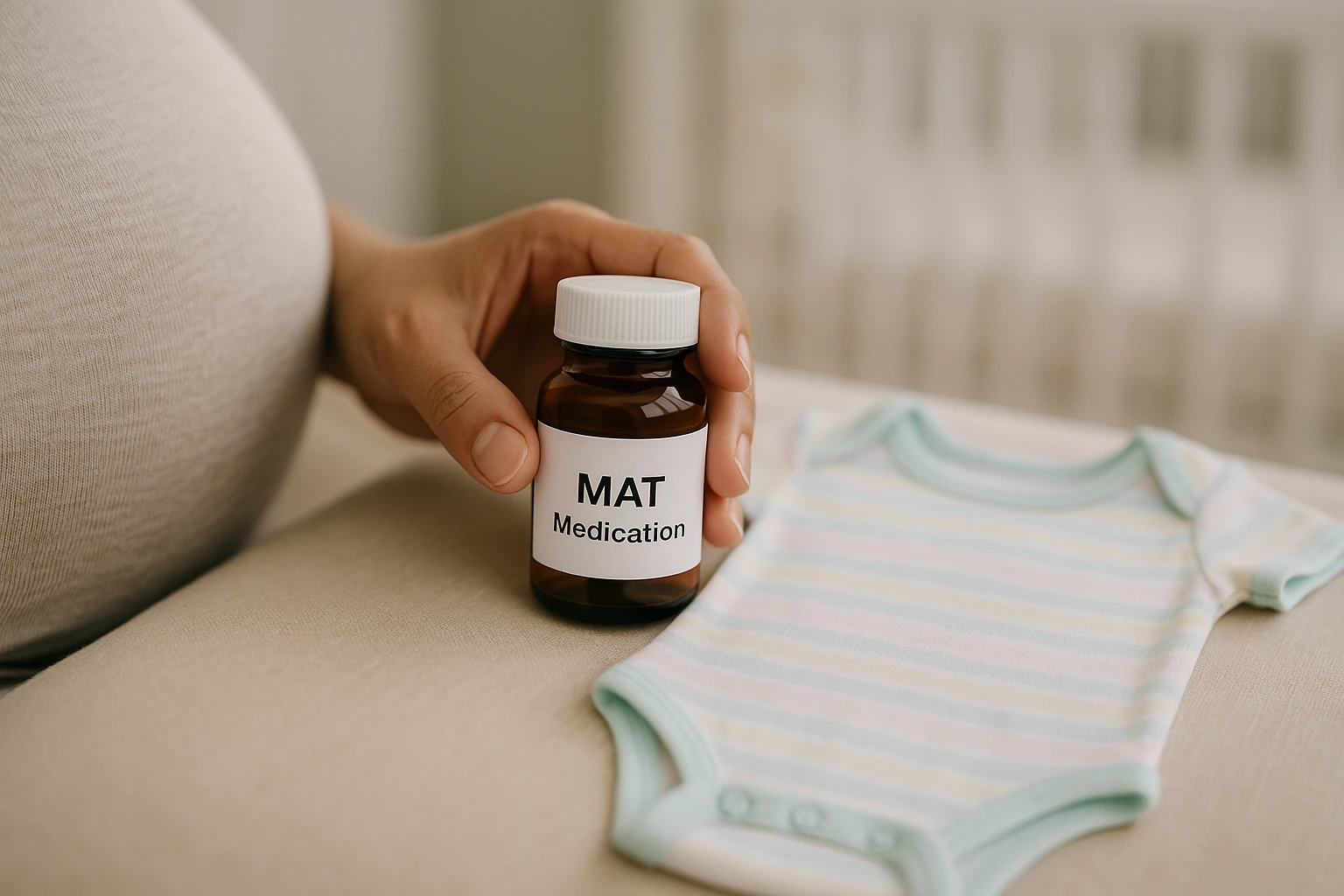 A close-up of a pregnant woman's hand gently holding a small bottle labeled 