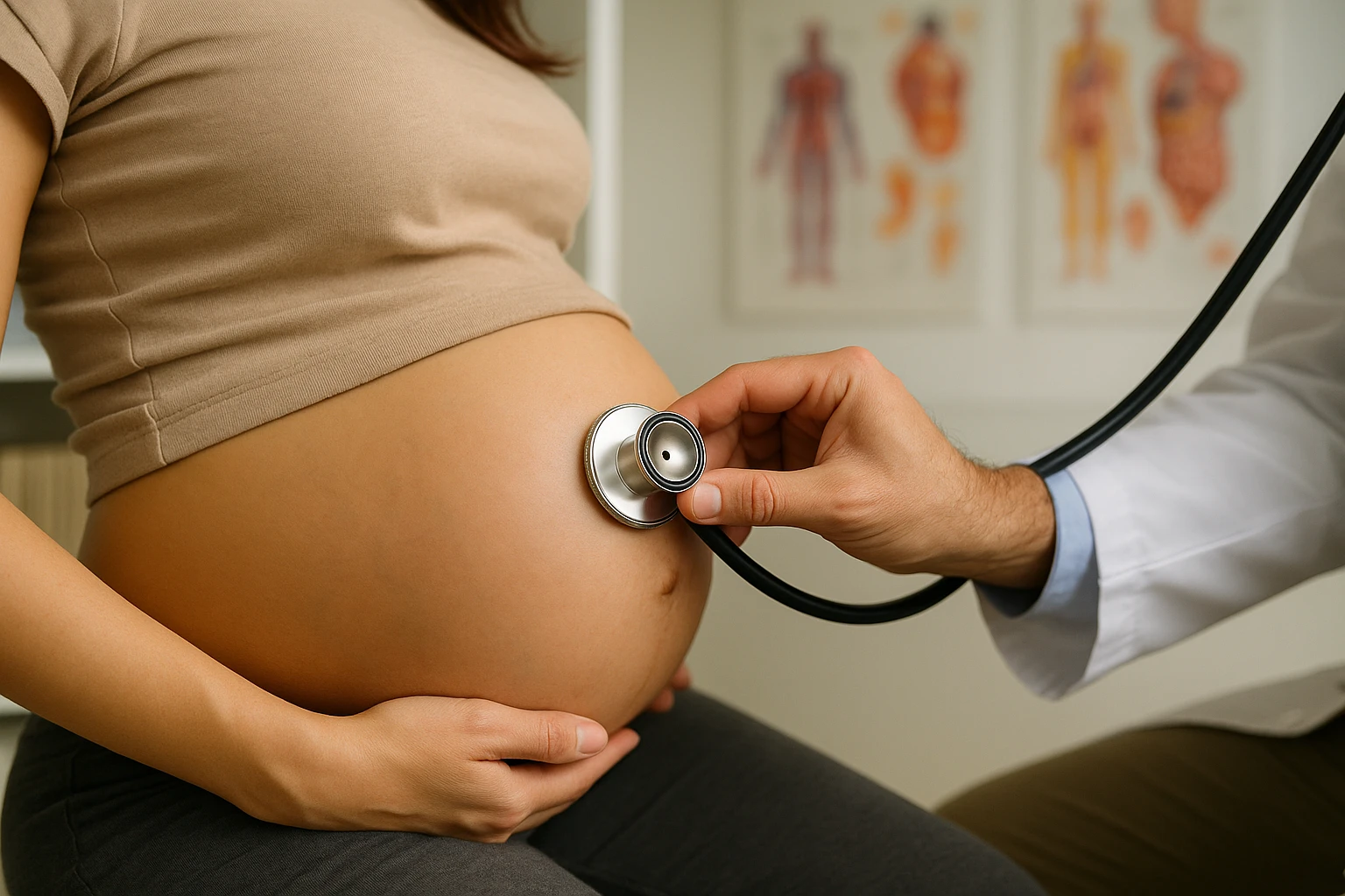 A healthcare professional's hand holding a stethoscope gently placed on the belly of a pregnant woman, with a shelf of medical charts and colorful anatomical diagrams in the background of a clinic room.