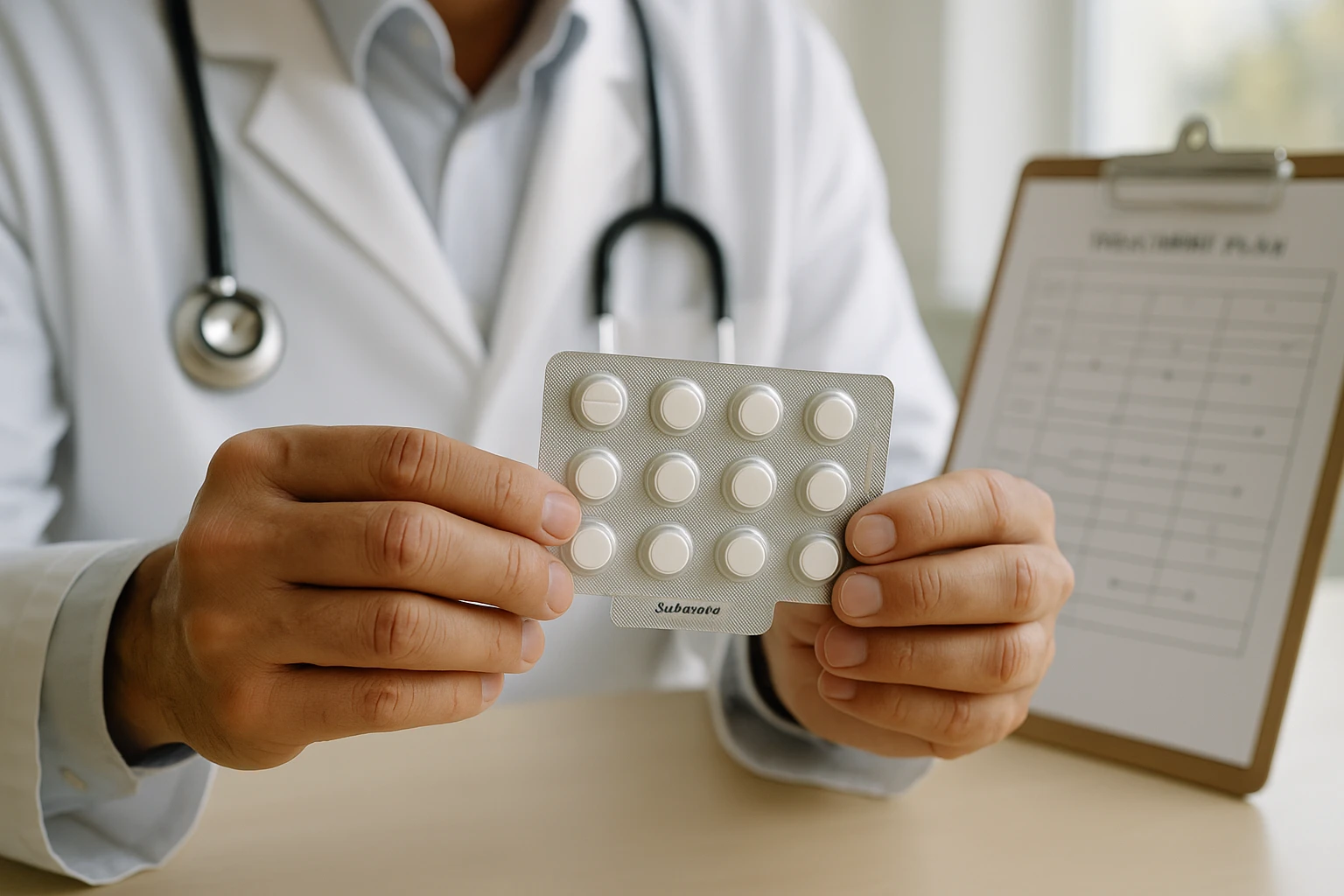 A doctor’s hands holding a pack of Suboxone pills in a bright, sunlit clinic room with a medical chart showing a treatment plan in the background.