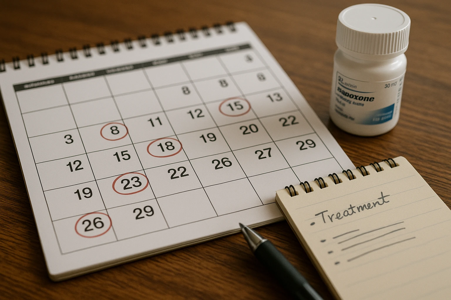A close-up of a calendar with various dates circled, lying on a wooden table next to a bottle of Suboxone tablets, accompanied by a notepad with handwritten treatment goals and a pen.